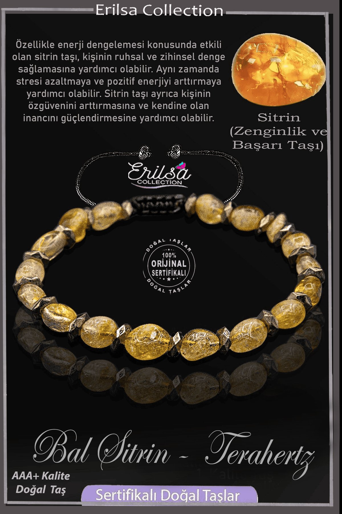 Sertifikalı Amorf Model AAA+ Terahertz - Bal Sitrin Taşı Bileklik