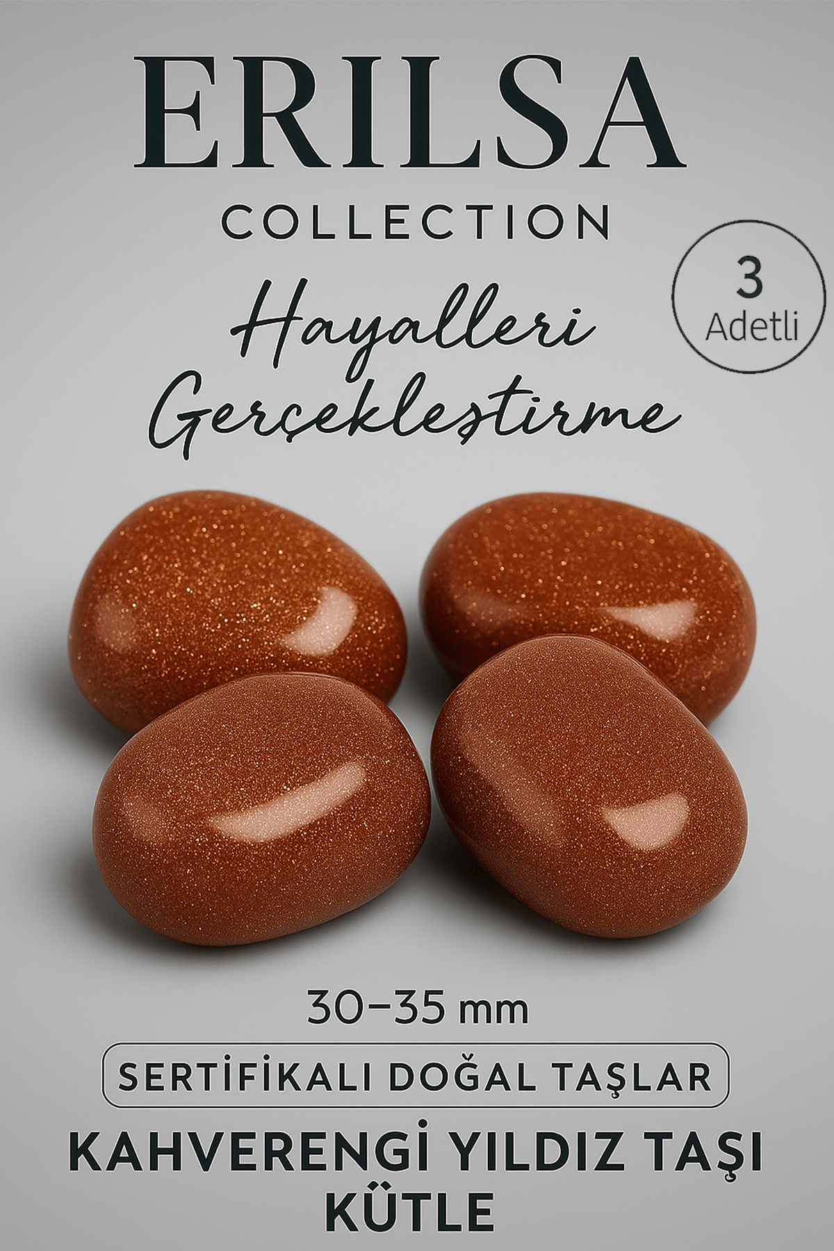 Sertifikalı Doğal Kahverengi Yıldız Taşı Kütle (3 Adet) 30-35 mm – Parıltılı Doğal Taş