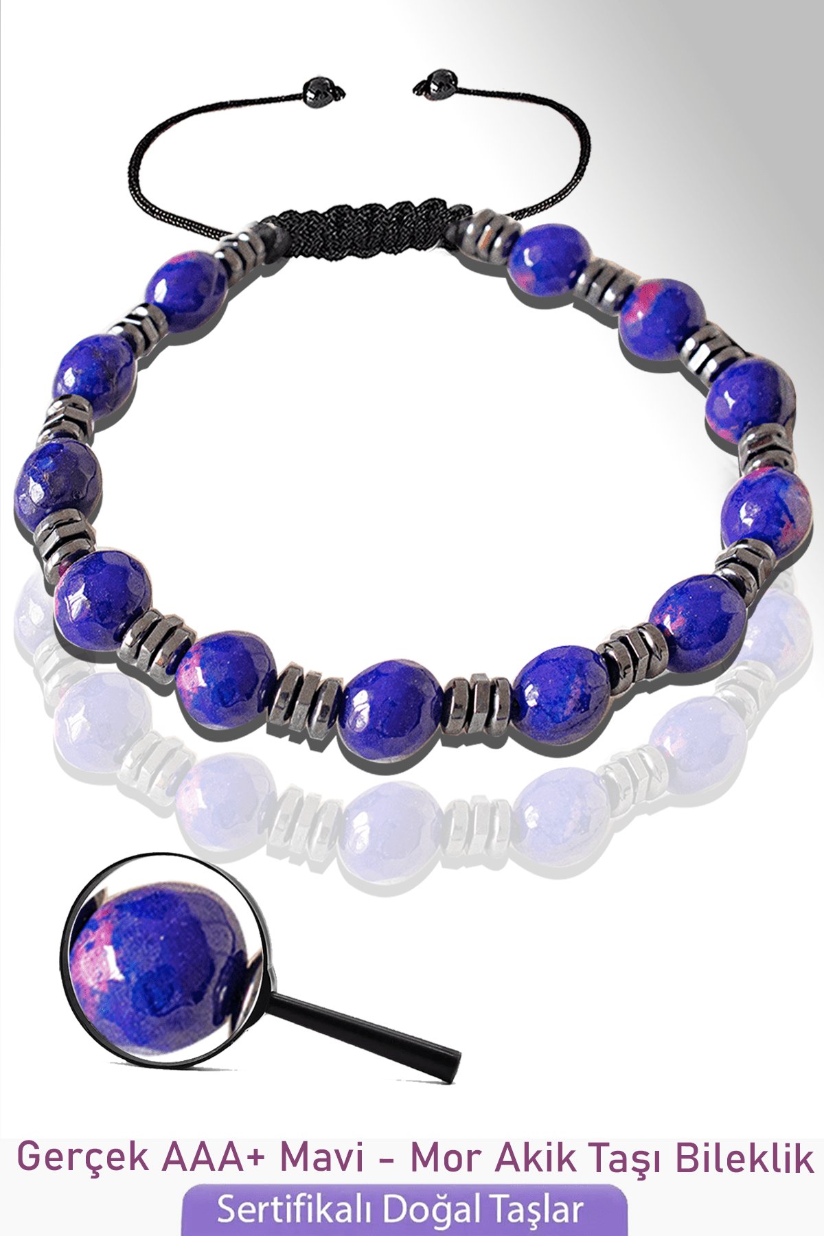 Sertifikalı Fasetli Gerçek Mavi Mor Akik Taşı Bileklik - Ayarlamalı