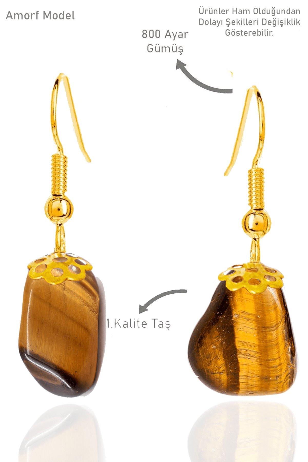 Sertifikalı Amorf Model Ham Kaplan Gözü Taşı Küpe - Gold Renkli