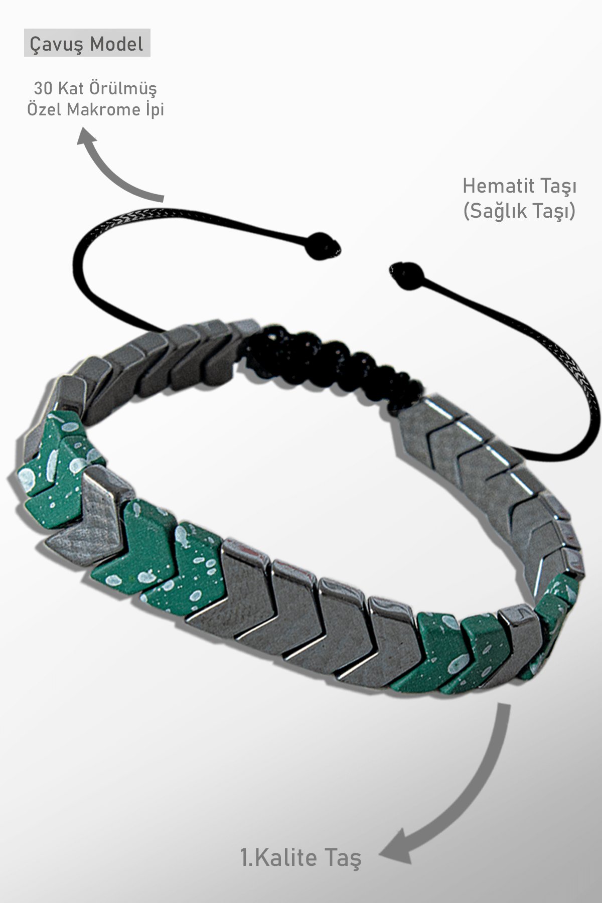 Sertifikalı Çavuş Model Yeşil Karlı Kuvars - Hematit Taşı Bileklik - Ayarlamalı
