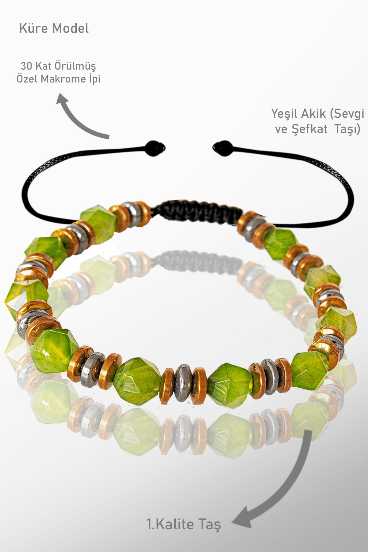 Sertifikalı Orijinal AAA+ Elmas Kesim Terahertz - Yeşil Akik Taşı Bileklik - Ayarlamalı