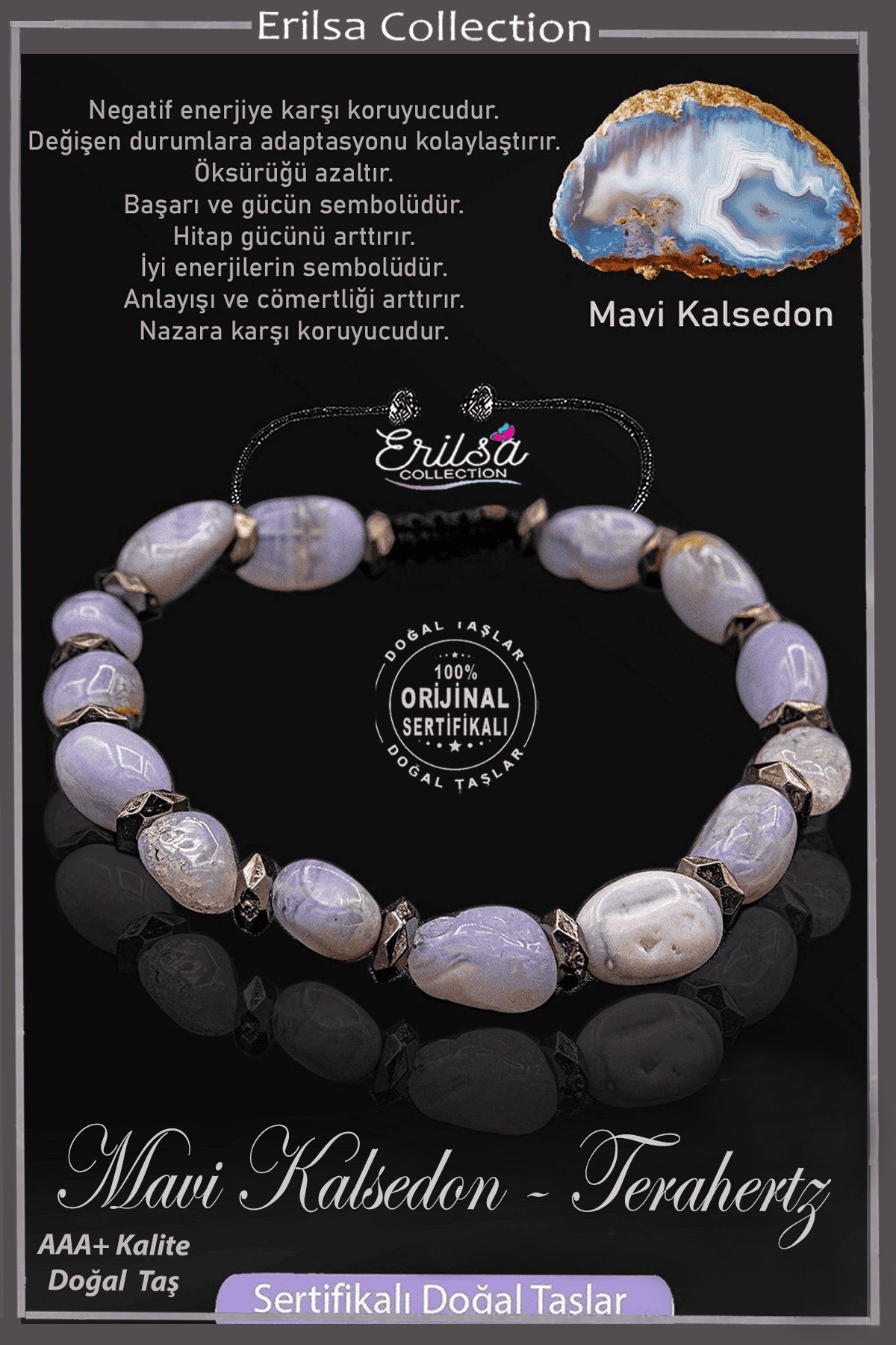 Sertifikalı Amorf Model AAA+ Terahertz - Mavi Kalsedon Taşı Bileklik