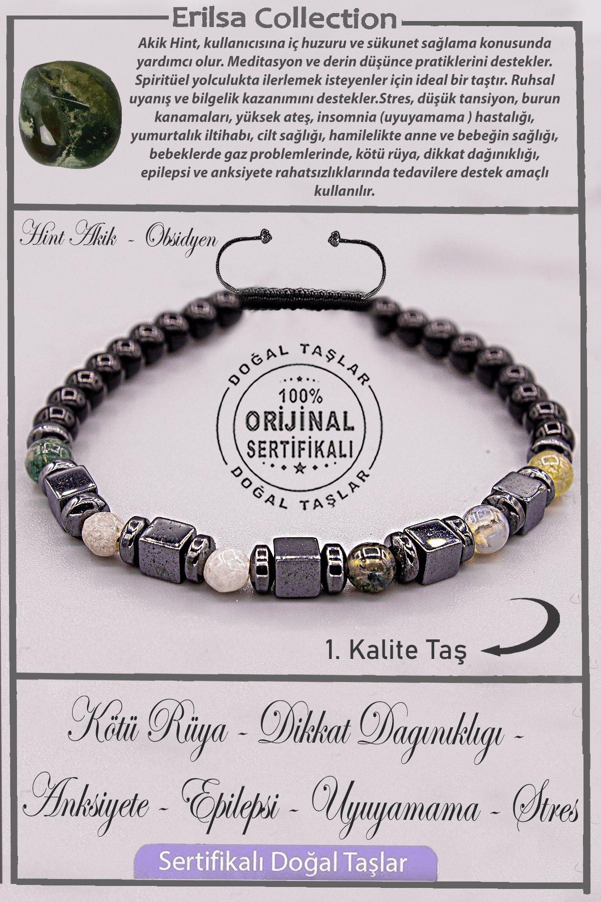 Sertifikalı AAA+ Kalite Gerçek Obsidyen - Hint Akik Taşı Bileklik - Ayarlamalı