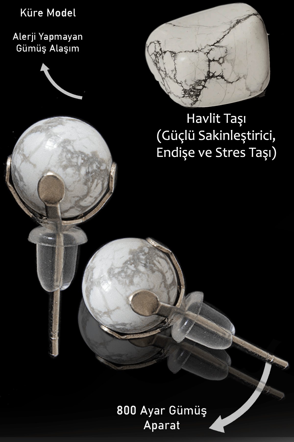 Sertifikalı Gerçek Havlit Taşı Nokta Doğal Taş Küpe