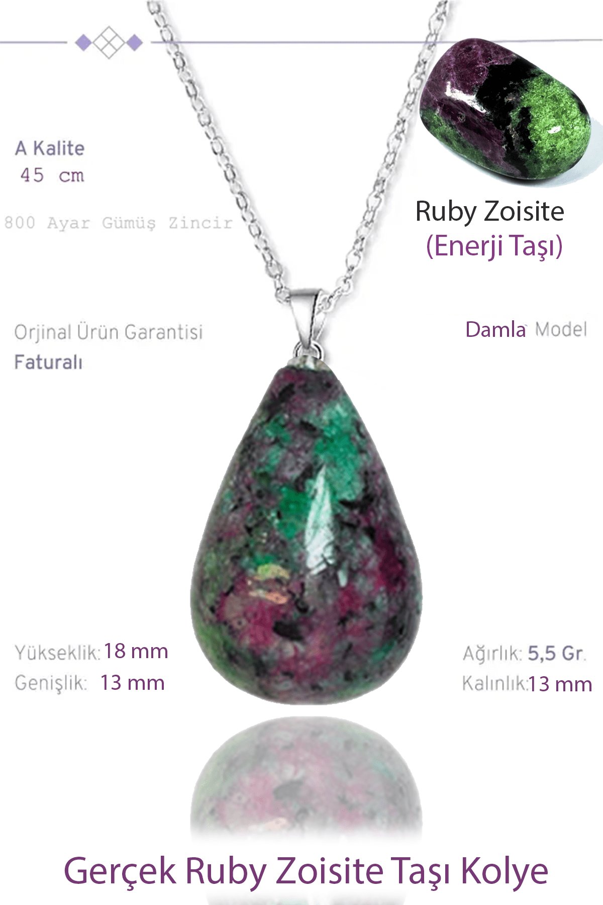 Sertifikalı Damla Model Ruby Zoisite Taşı Kolye - Anyolit Taşı