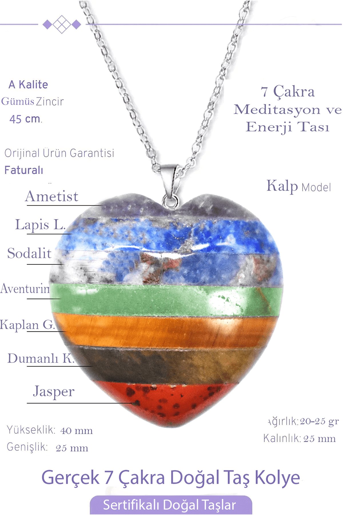 Sertifikalı Kalp Model Ametist Kuvars Aventurin Kaplan Gözü Lapis Jasper Akik 7 Çakra Kolye