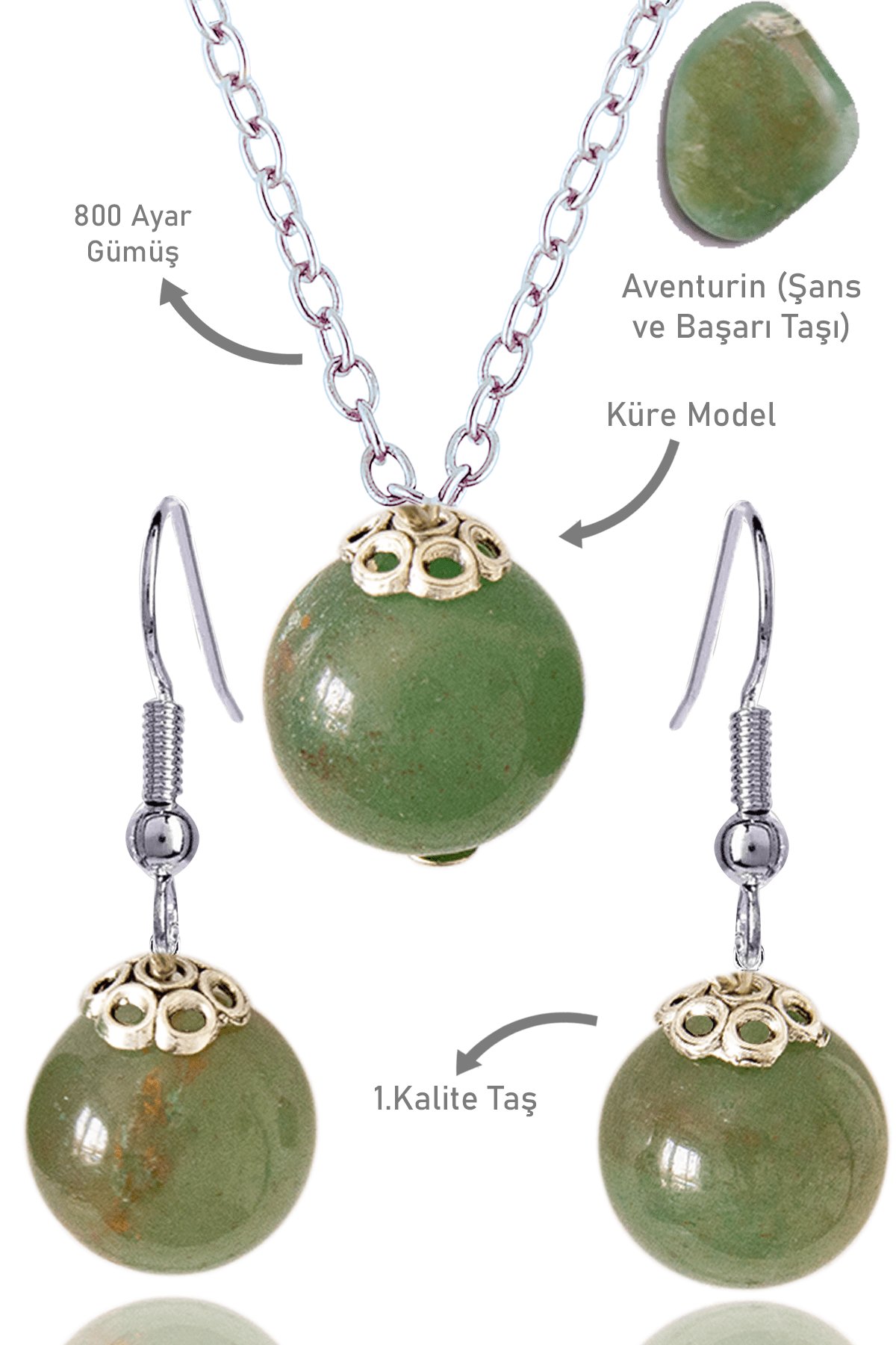 Sertifikalı Küre Model Aventurin Taşı Kolye ve Küpe Seti - Gümüş Aparatlı