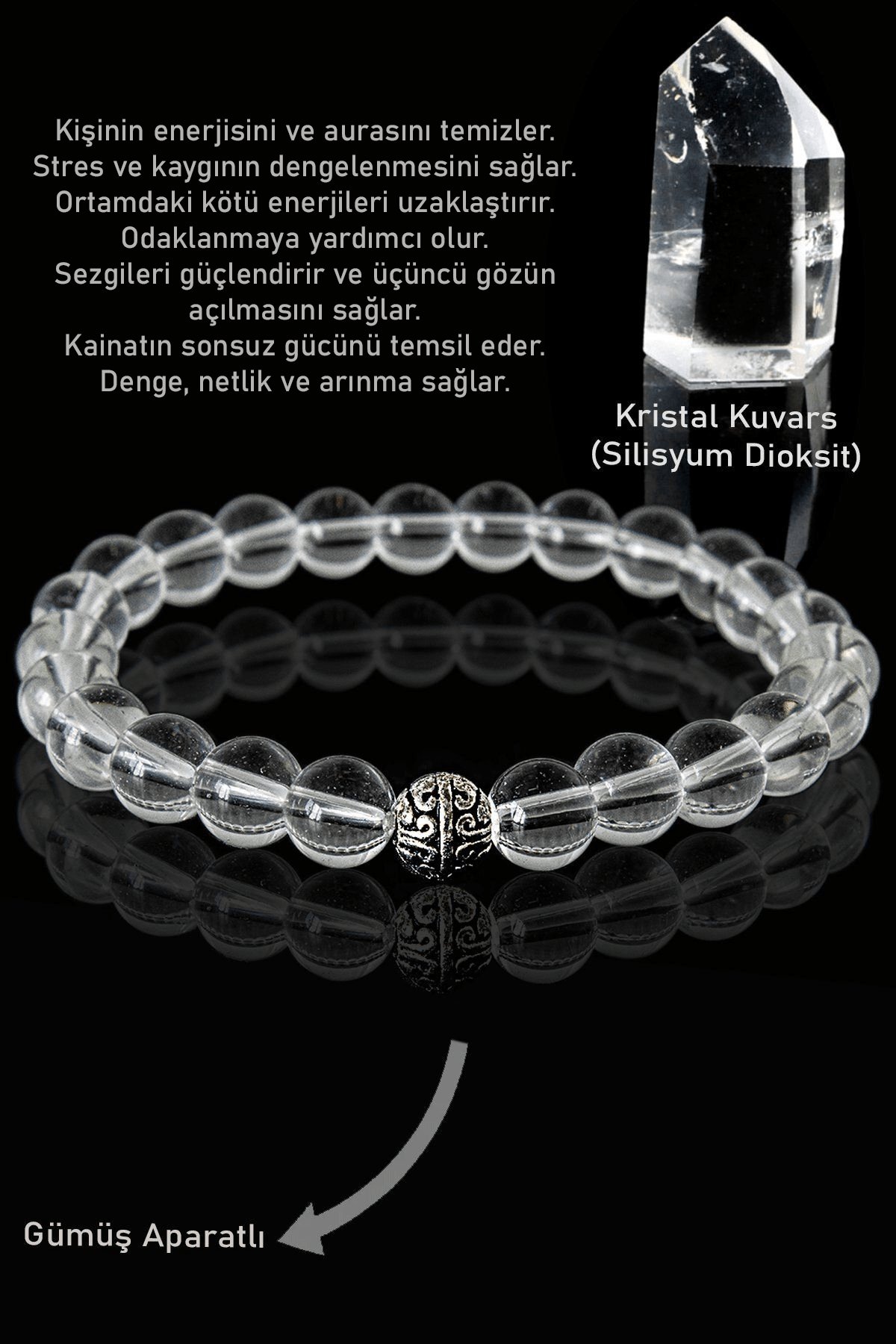 Sertifikalı AAA+ Şeffaf Kristal Kuvars Taşı Bileklik - Gümüş Aparatlı