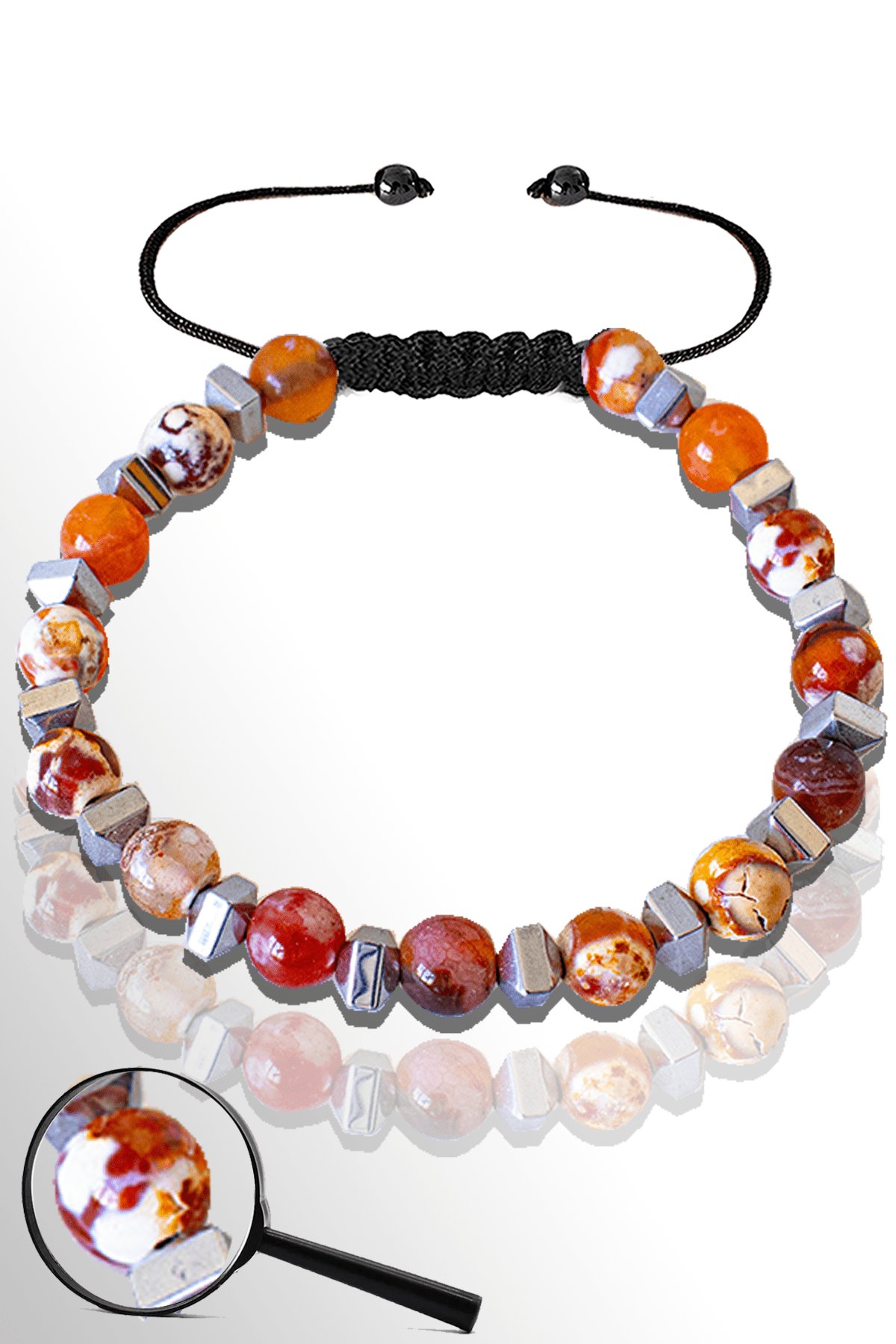 Sertifikalı Hematitli 6 Mm Doğal Beyaz - Kırmızı Akik Taşı Bileklik - Ayarlamalı