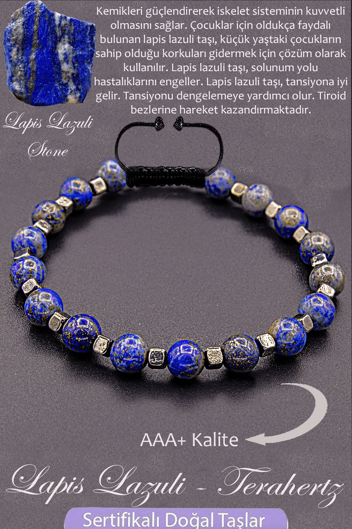 Sertifikalı AAA+ Kalite Gerçek Terahertz - Lapis Lazuli Taşı Bileklik