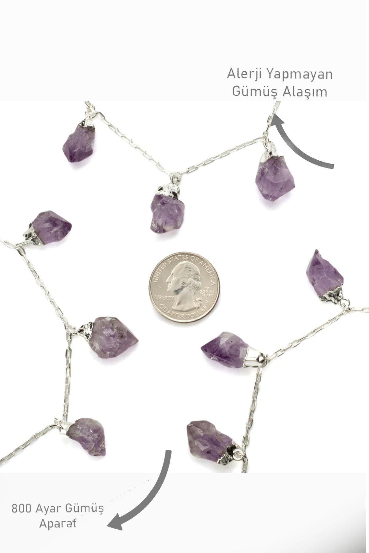 Sertifikalı Üçlü Model Ham İşlenmemiş Ametist Taşı Kolye