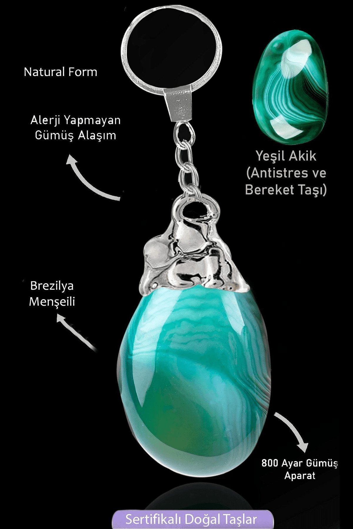 Sertifikalı Ham Model Yeşil Akik Taşı Doğal Taş Anahtarlık