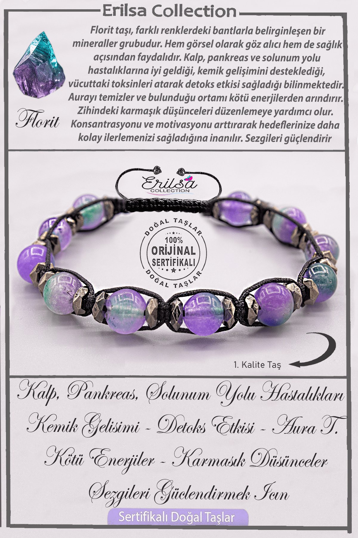 Sertifikalı AAA+ Kalite Doğal Terahertz - Florit Enerji ve Şifa Bilekliği