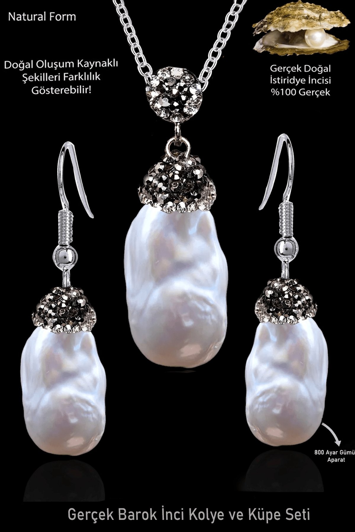 Sertifikalı Zirkon Taşlı Model Ham İstiridye Barok İncisi Kolye ve Küpe Seti