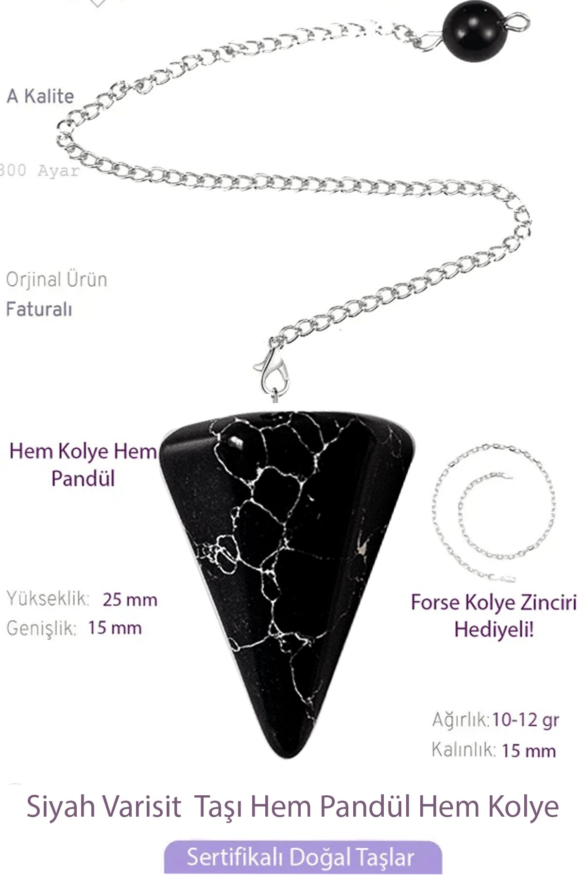 Sertifikalı Siyah Varisit Taşı Pandül Sarkaç Hem Pandül - Hem Kolye