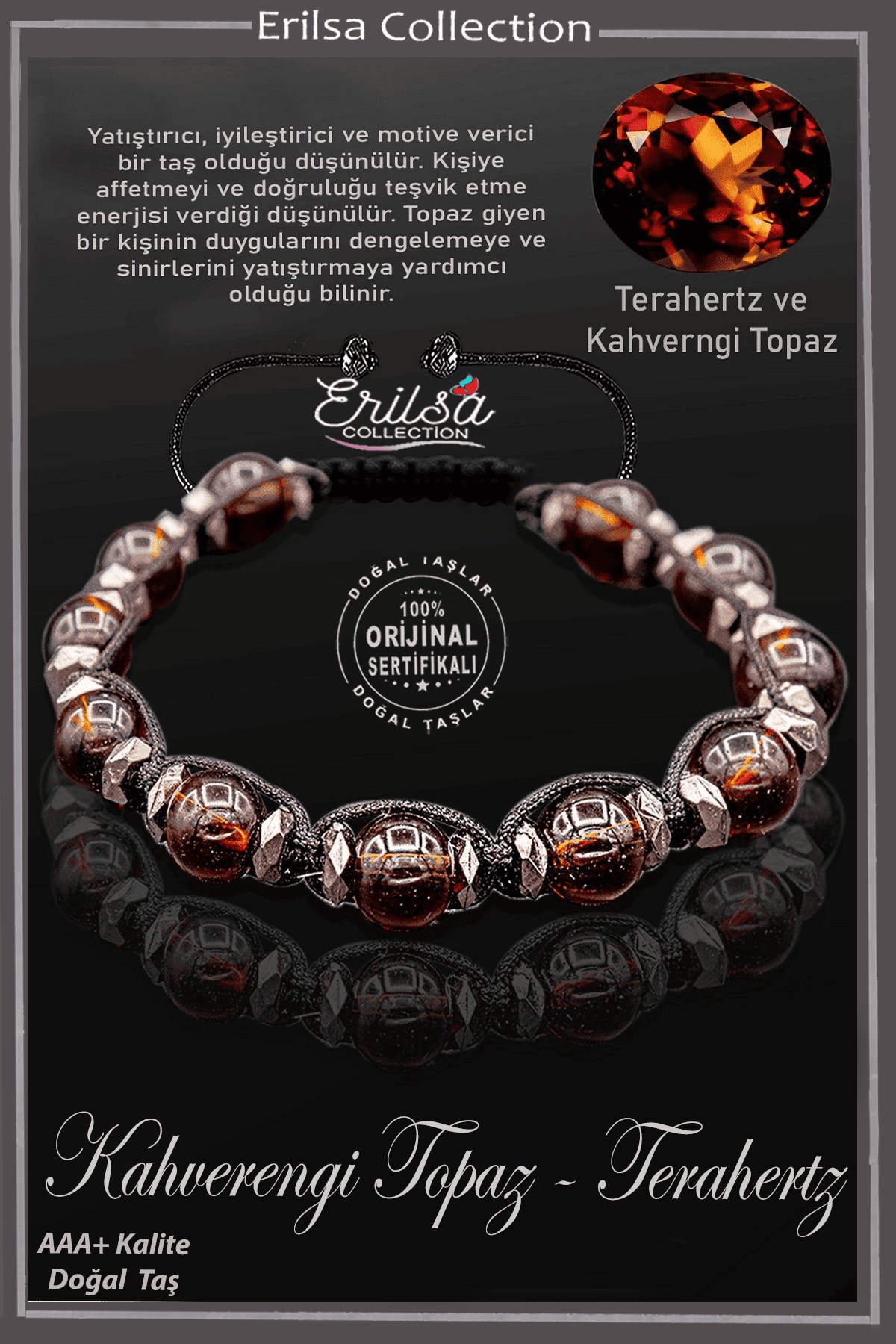 Sertifikalı Terahertz - Kahverengi Topaz Taşı Bileklik - Ayarlamalı