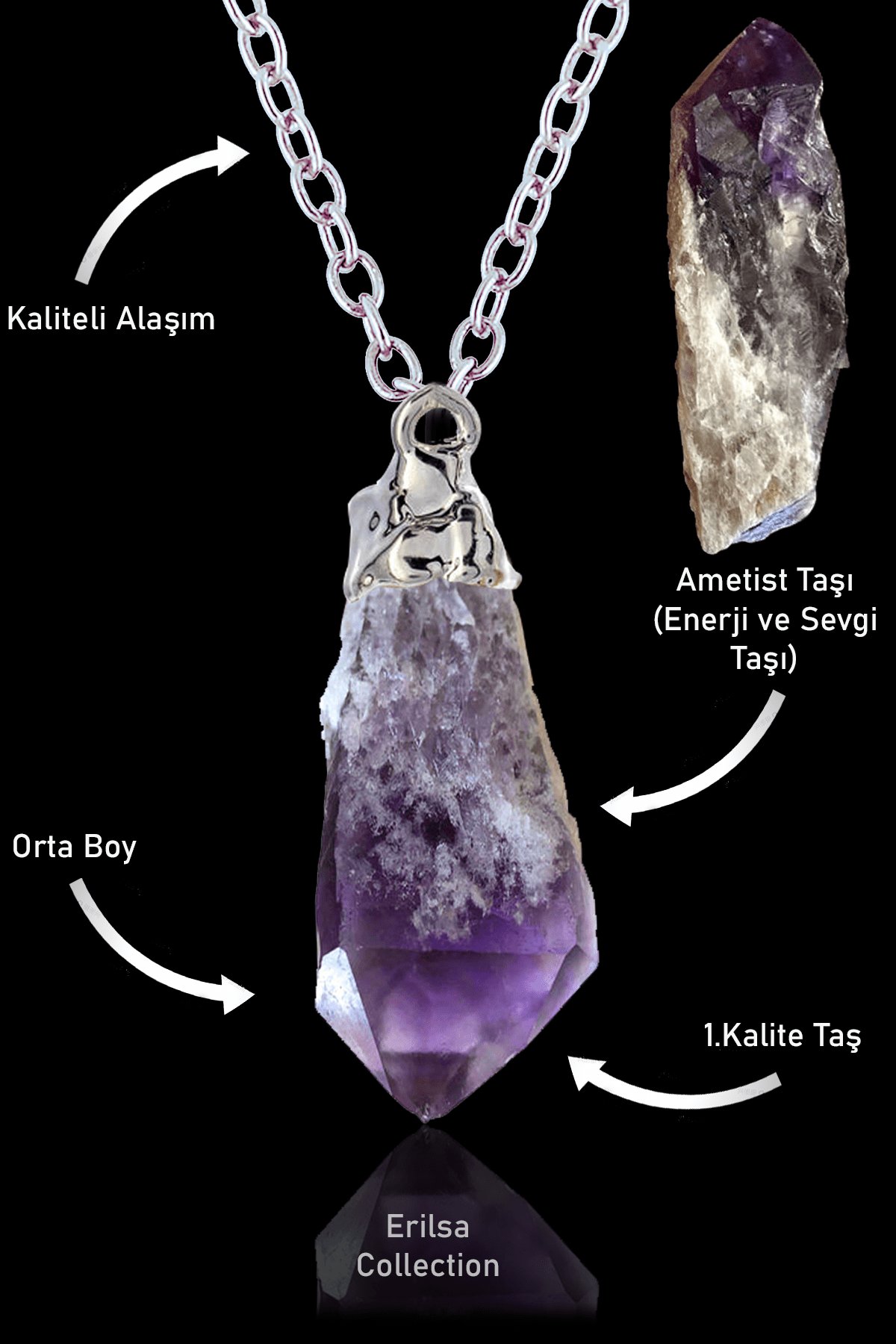 Sertifikalı Ham İşlenmemiş Ametist Taşı Kolye - Orta Boy