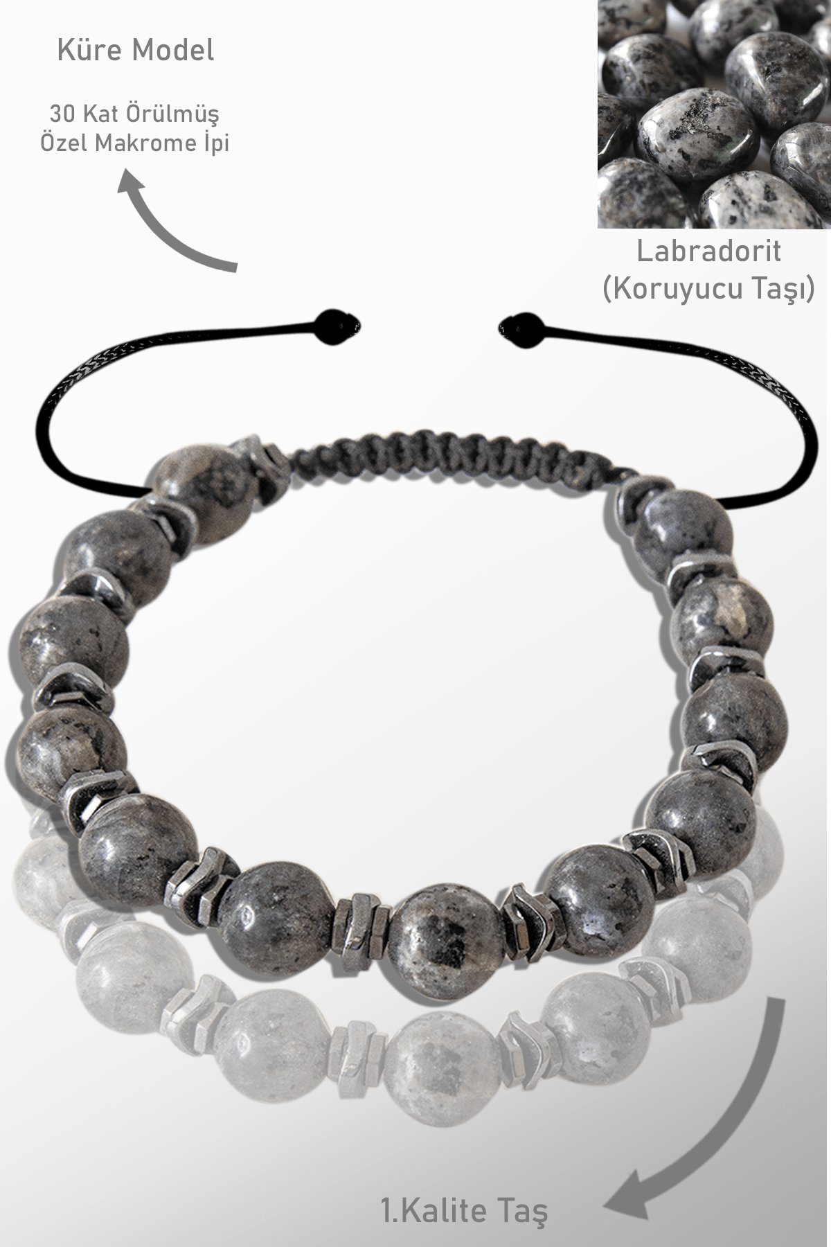 Sertifikalı Gerçek Hematit - Labradorit Taşı Bileklik - Ayarlamalı