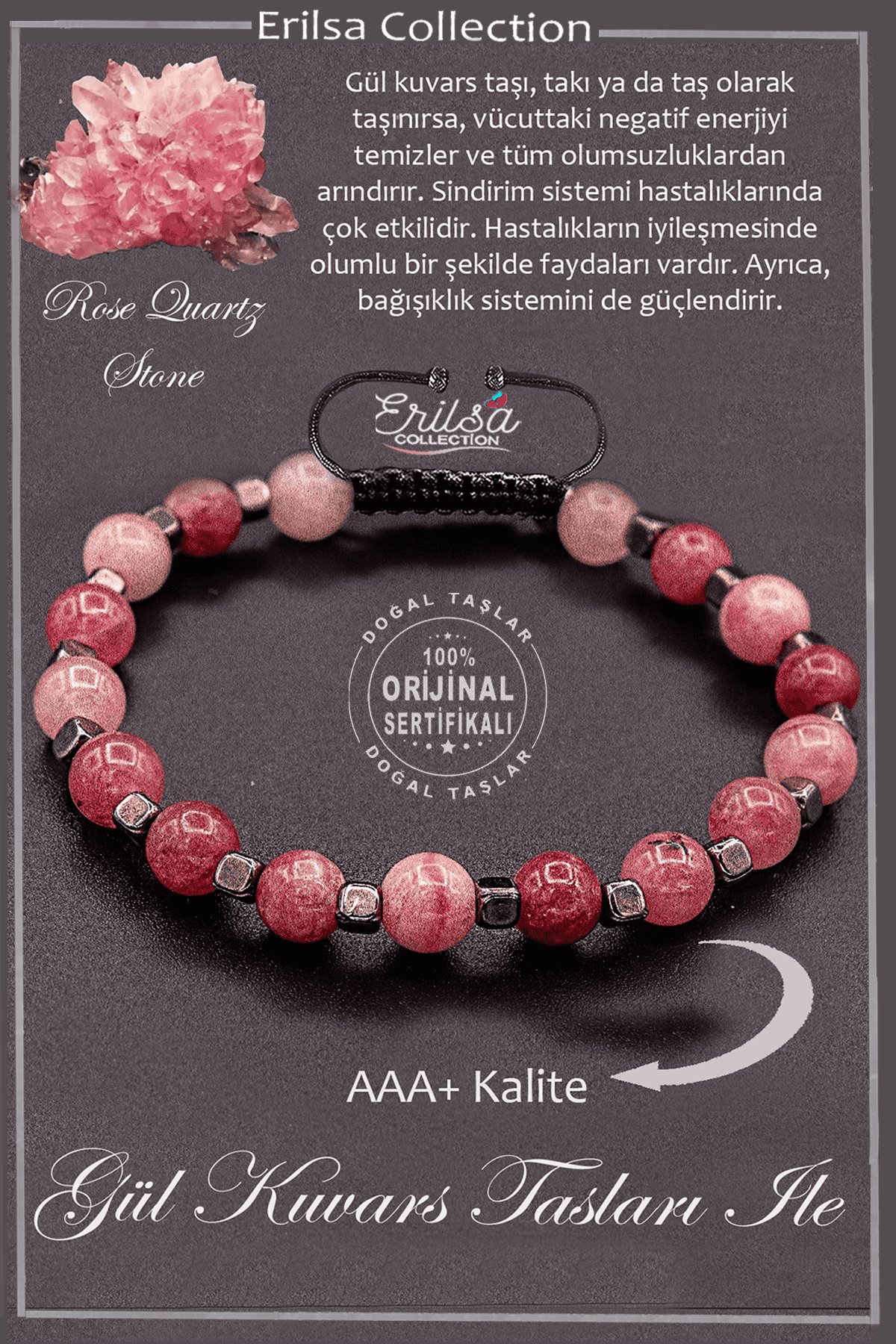 Sertifikalı AAA+ Kalite Gerçek Terahertz - Gül Kuvars Taşı Bileklik (Rose Quartz)