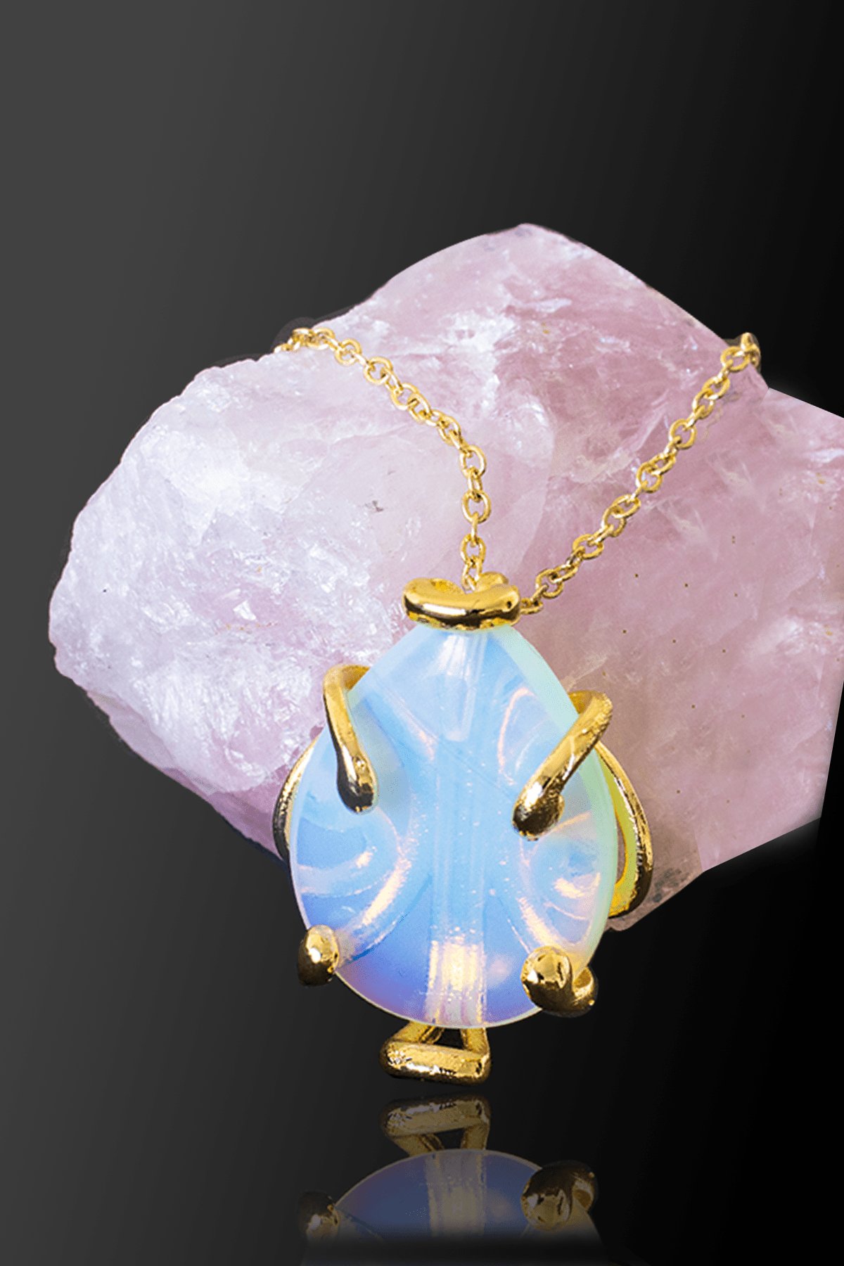 Sertifikalı AAA+ Damla Model Opal - Ay Taşı Kolye - Altın Renkli