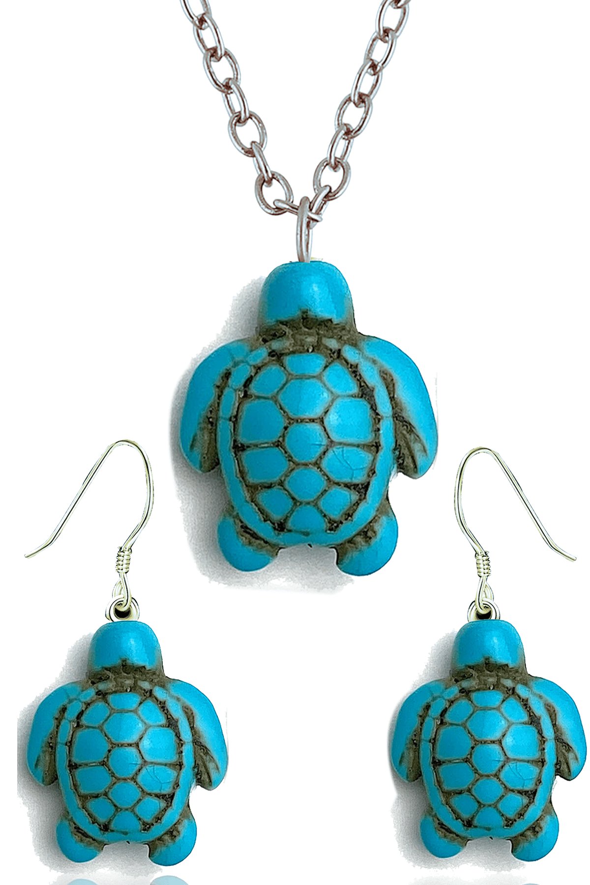 Sertifikalı Kaplumbağa Model Gerçek Firuze Taşı Kolye ve Küpe Seti