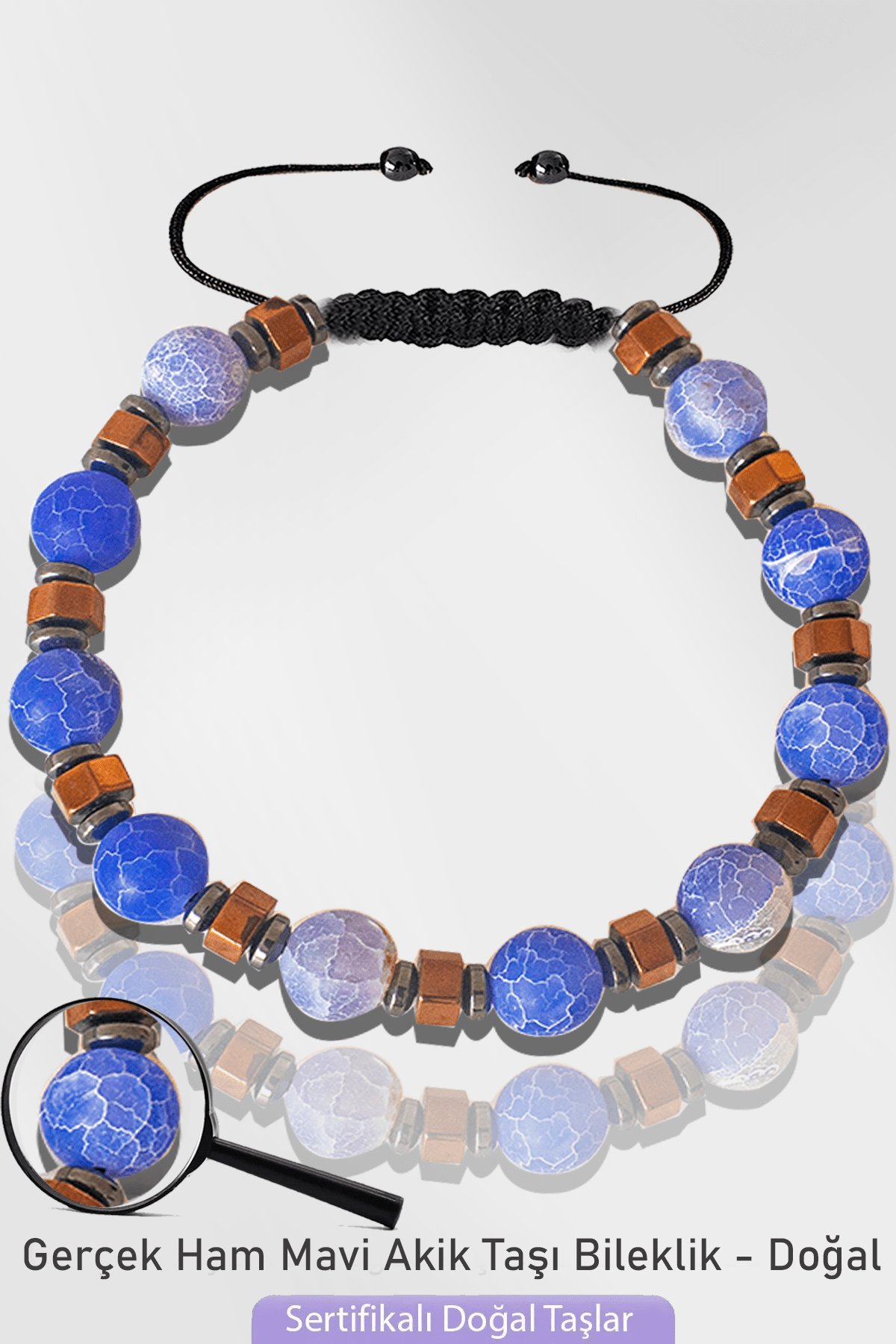 Sertifikalı Silver Hematitli Doğal Mavi Akik Taşı Bileklik - Ayarlamalı