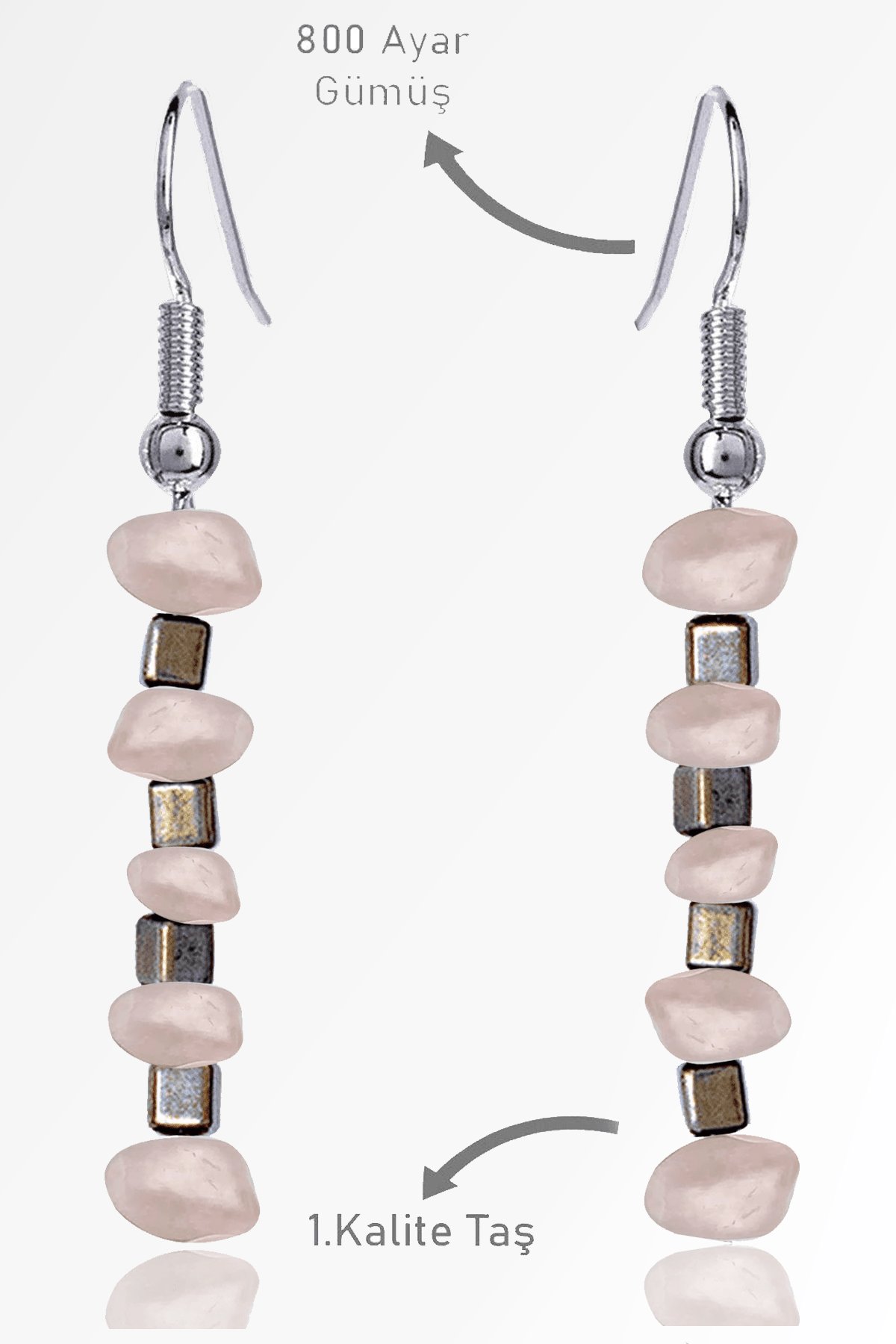 Sertifikalı Ham Kırık Taşlı Model Pembe Kuvars Taşı Küpe - Açık Renkli