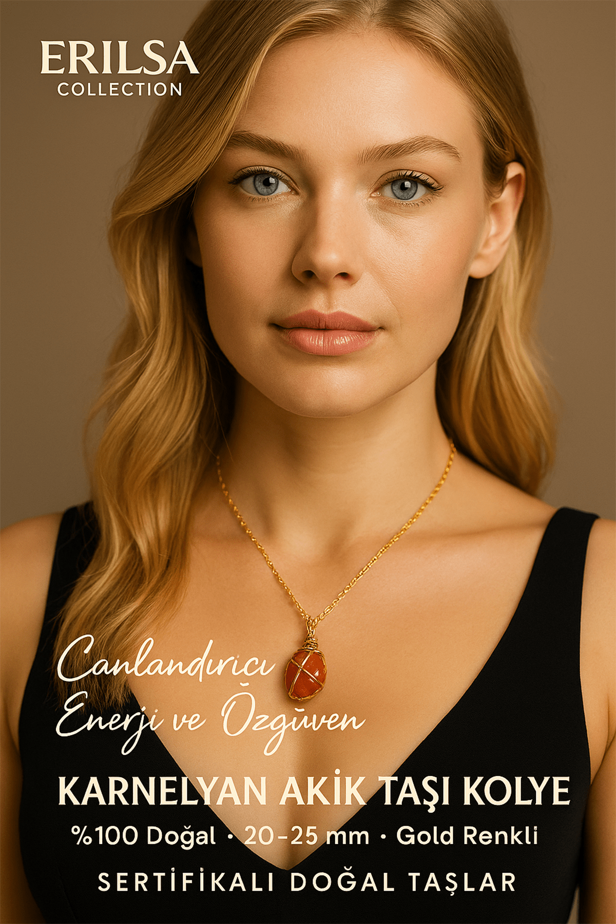 Sertifikalı Gold Renkli Karnelyan Akik Doğal Taş Kolye – Enerji ve Motivasyon Taşı