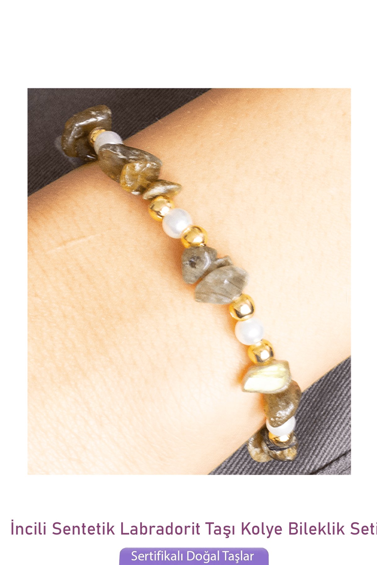 Sertifikalı İncili Labradorit Taşlı Doğal Taş Kolye Bileklik Seti