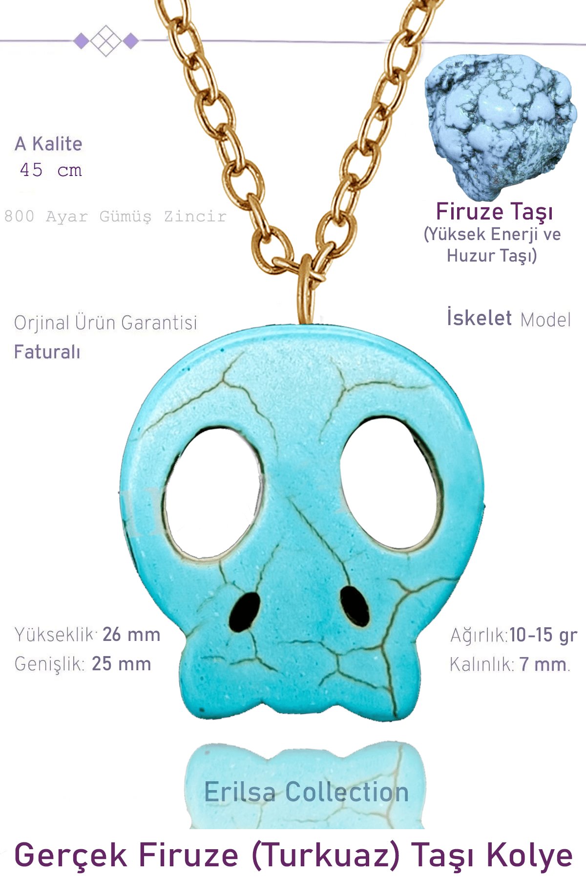 Sertifikalı İskelet Model Firuze - Turkuaz Taşı Kolye - 24k Altın Kaplama