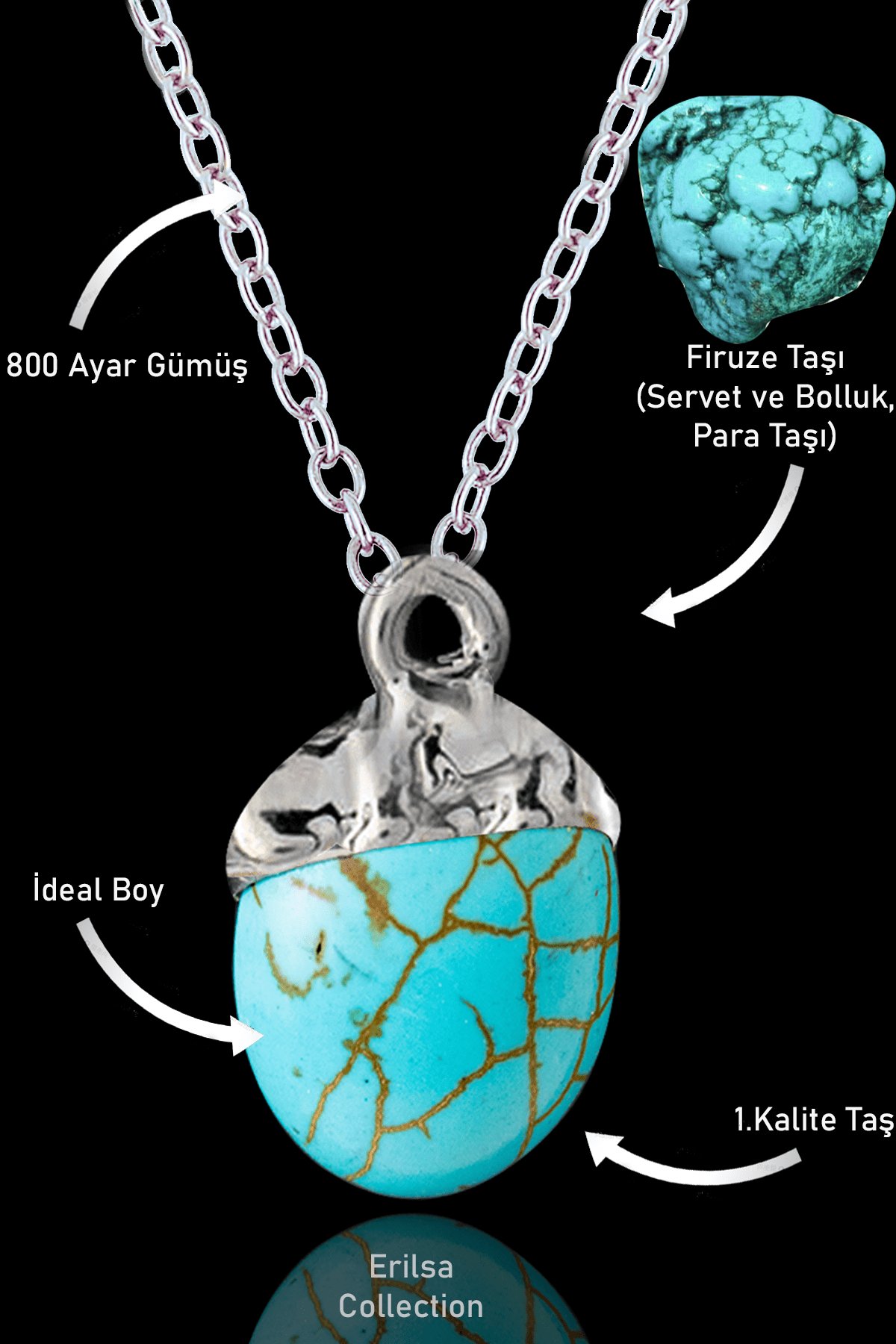 Sertifikalı Oval Model Firuze Taşı Kolye (Turkuaz Taşı) - Gümüş Alaşımlı