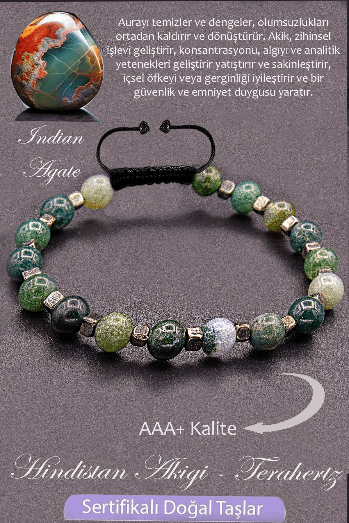 Sertifikalı AAA+ Kalite Gerçek Terahertz - Hint Akiği Bileklik - Hindistan