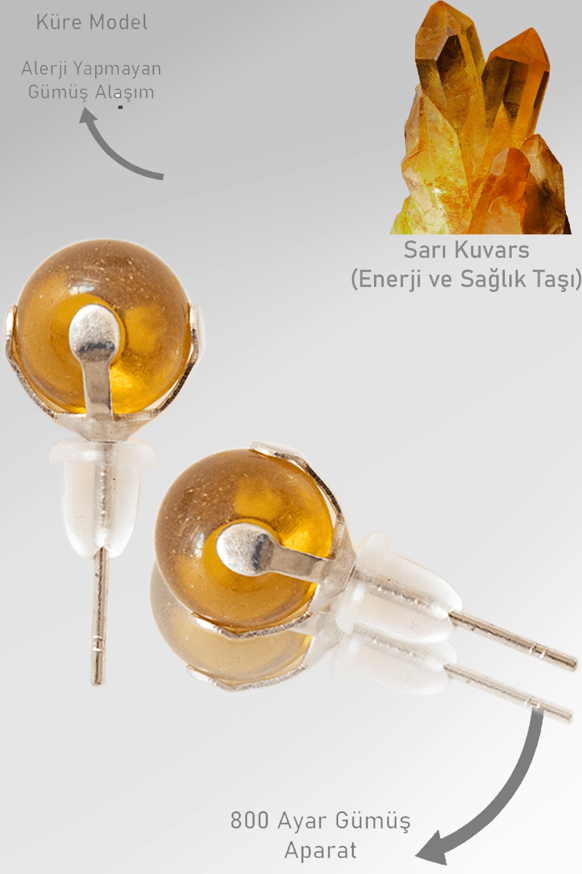 Sertifikalı Gerçek Sarı Limon Kuvars Taşı Nokta Doğal Taş Küpe