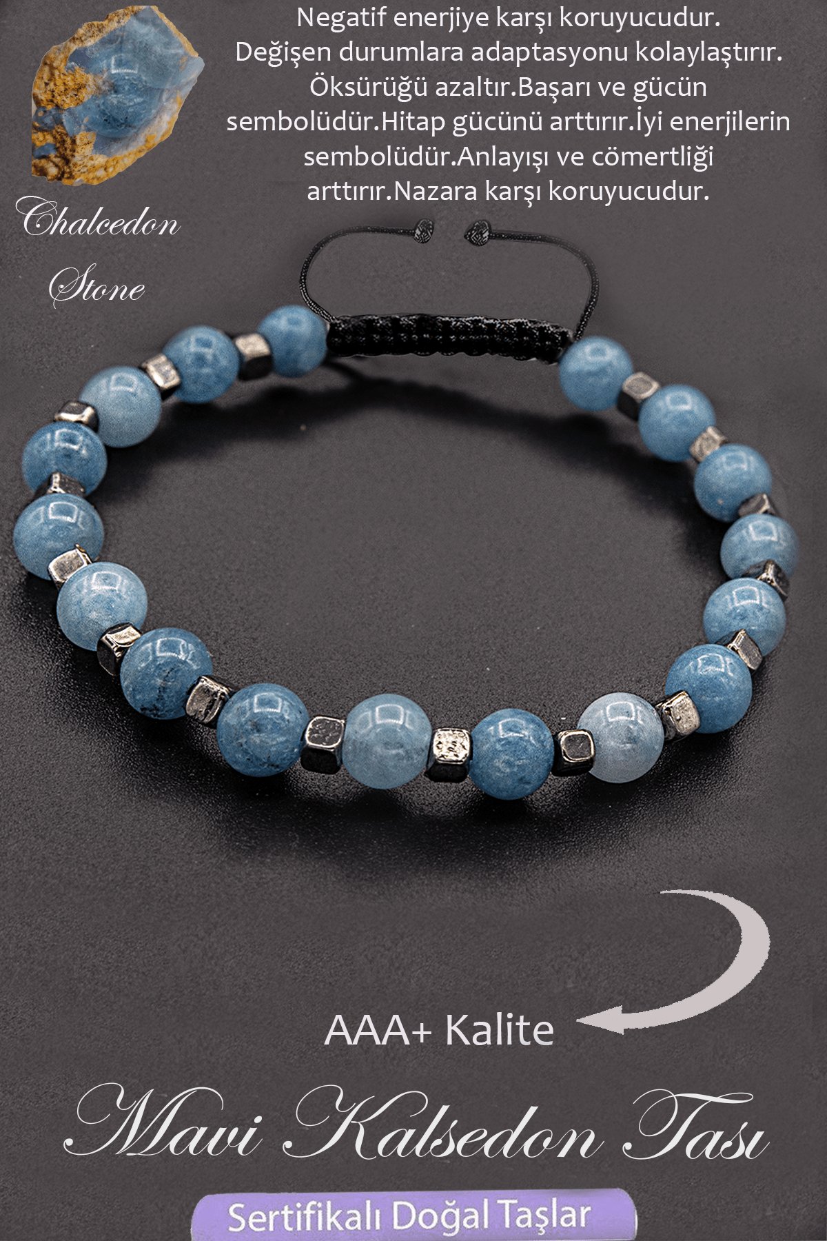 Sertifikalı AAA+ Kalite Gerçek Terahertz - Mavi Kalsedon Taşı Bileklik