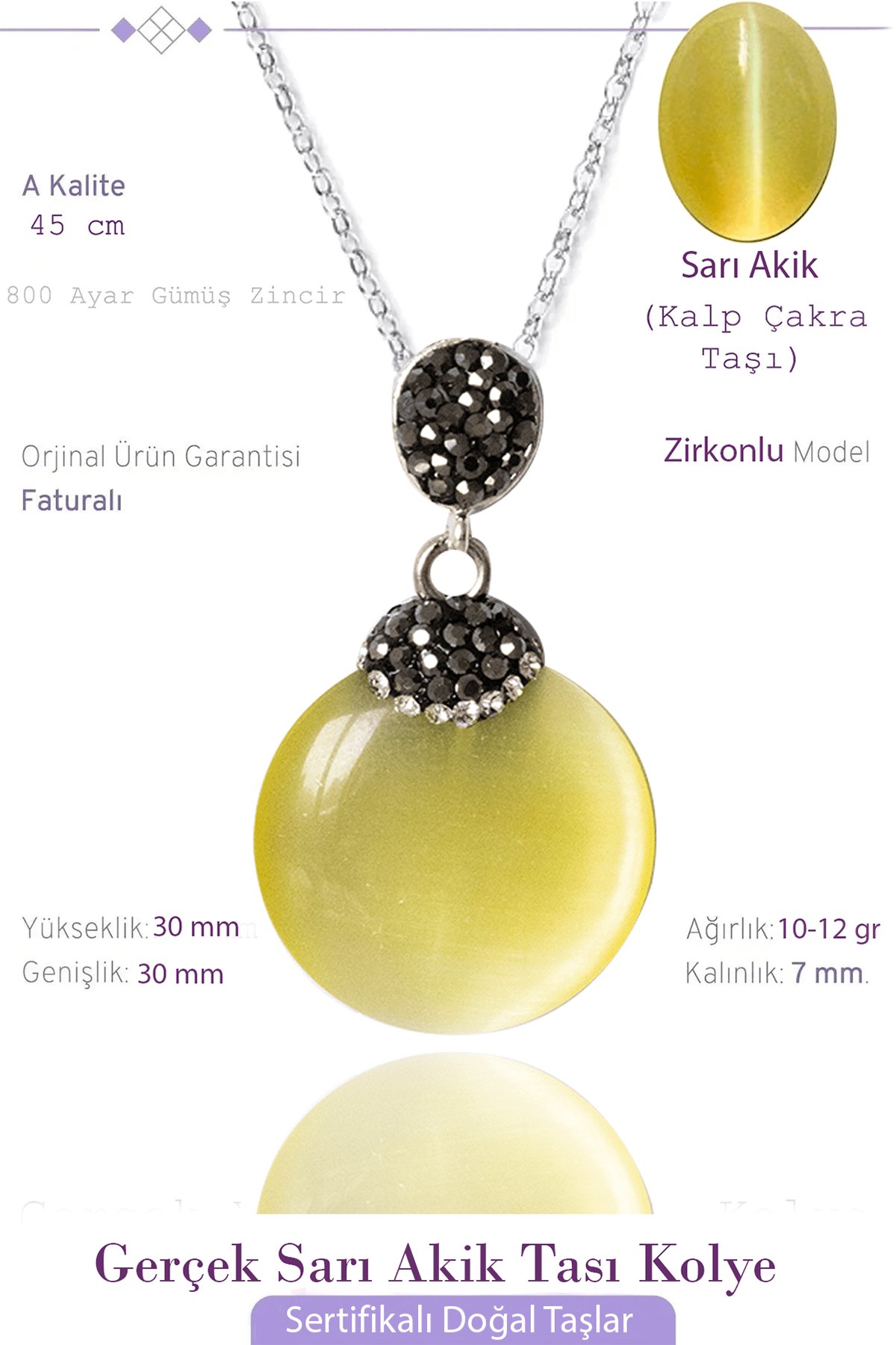 Sertifikalı Zirkon Taşlı Sarı Akik Taşı Kolye