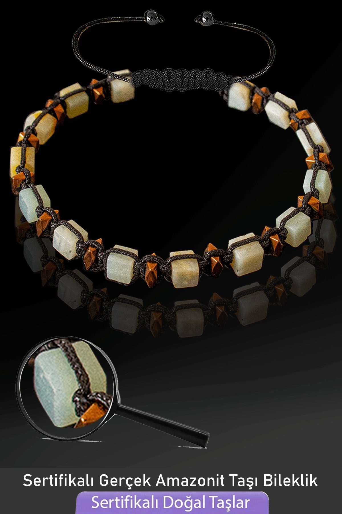 Sertifikalı Küp Model Gerçek Amazonit Taşı Bileklik - Ayarlamalı