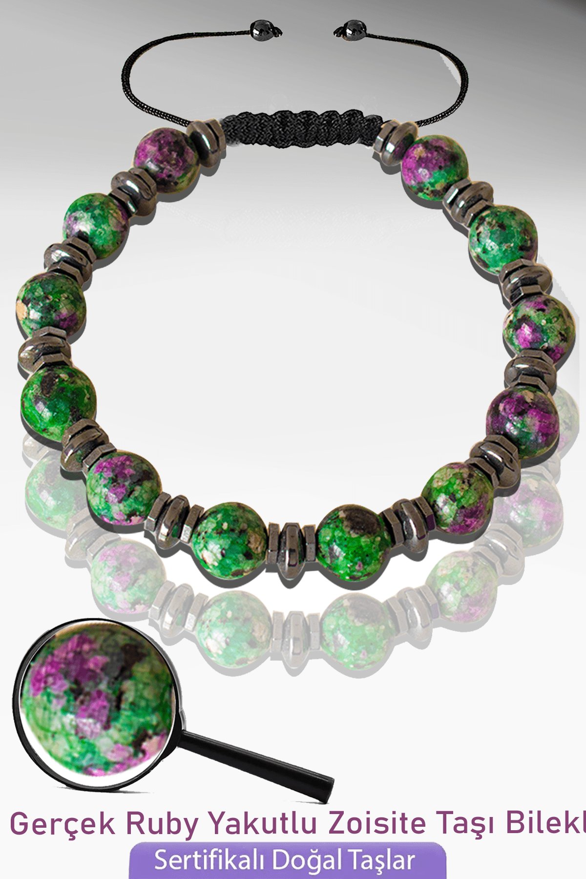 Sertifikalı Doğal Ruby Yakutlu Zoisite Taşı Bileklik - Ayarlamalı