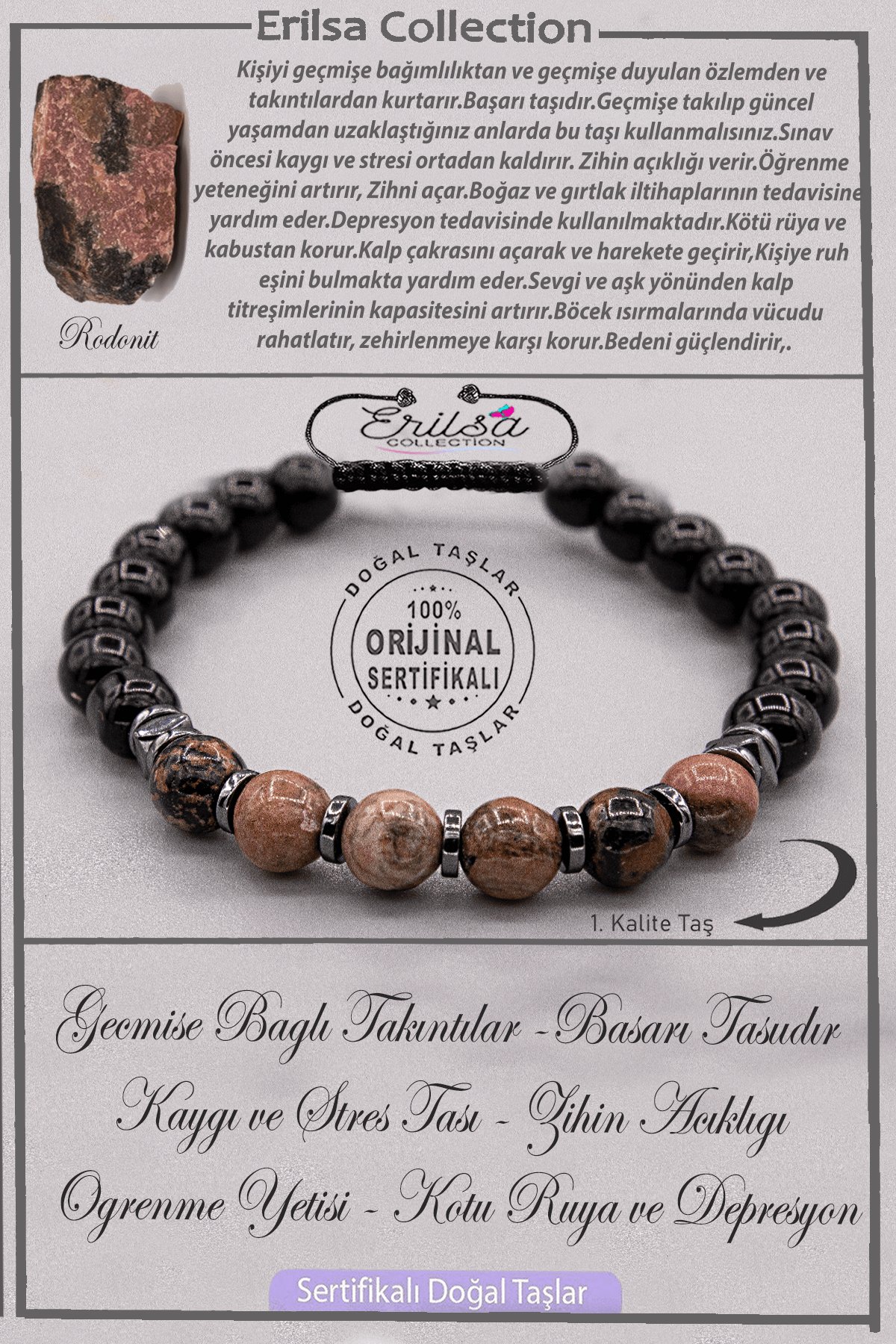 Sertifikalı AAA+ Kalite Gerçek Obsidyen - Rodonit Taşı Bileklik - Ayarlamalı