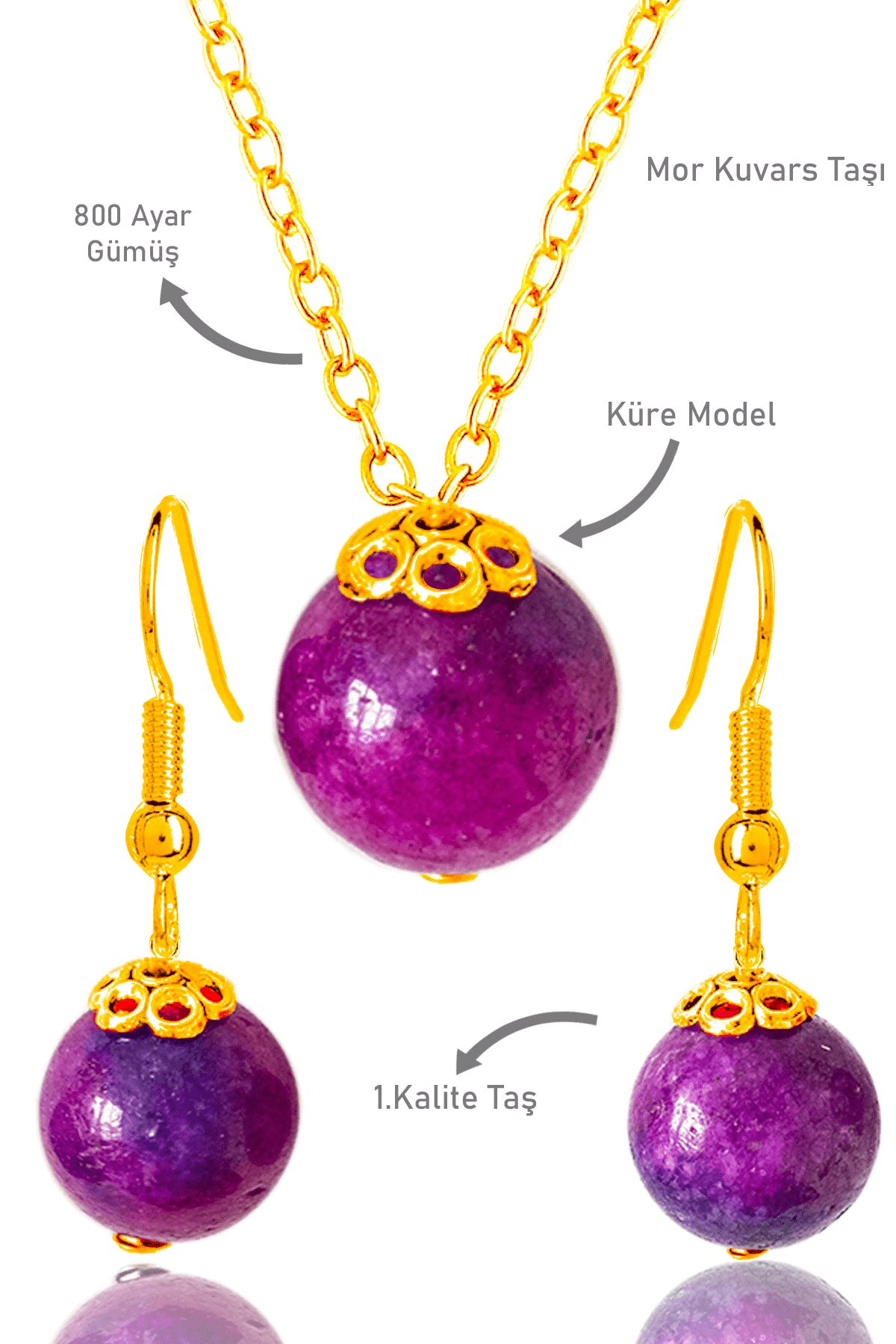 Sertifikalı Gold Küre Model Mor Kuvars Taşı Kolye ve Küpe Seti - Gümüş Aparatlı - Koyu Renk