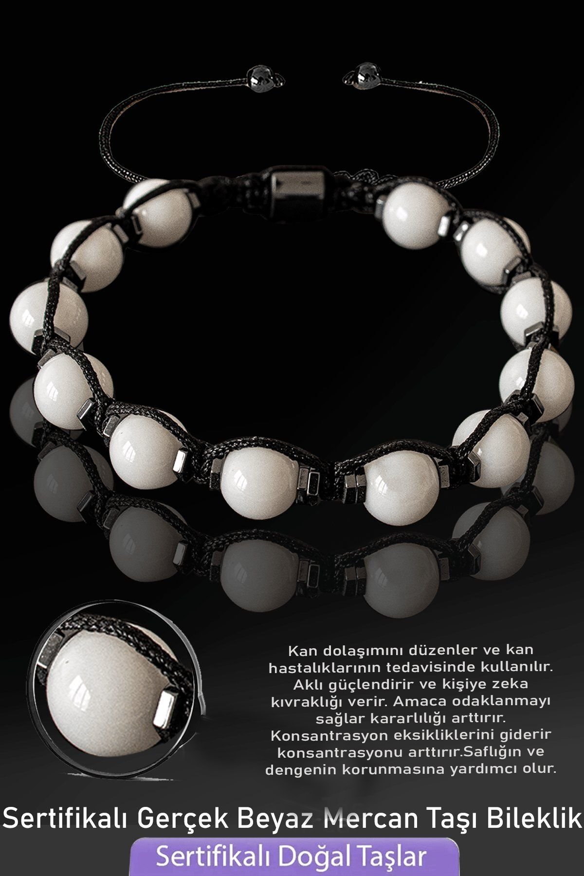 Sertifikalı Boyasız Gerçek Beyaz Mercan Taşı Bileklik - Ayarlamalı