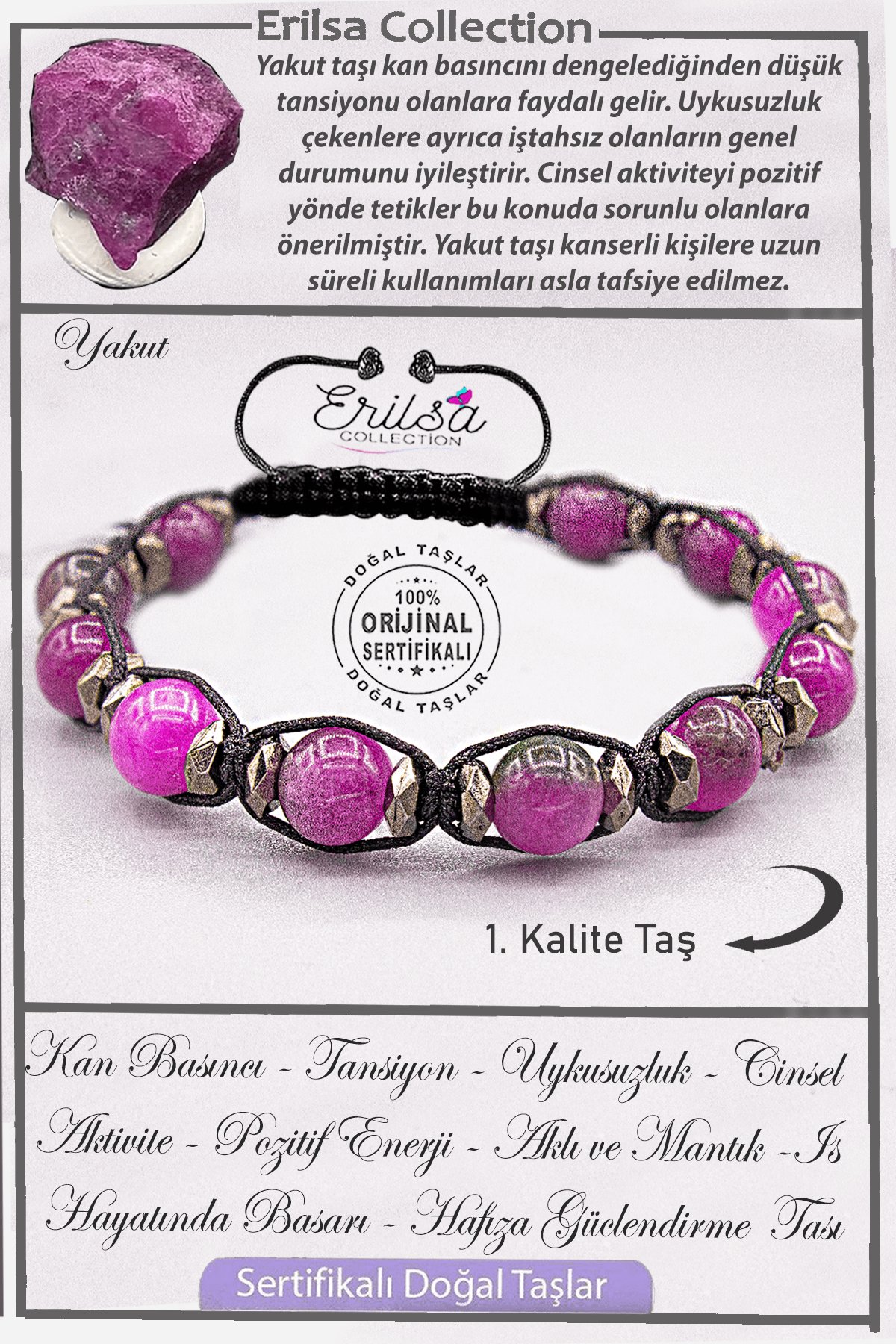 Sertifikalı AAA+ Kalite Orijinal Terahertz - Yakut Taşı Bileklik - Ruby