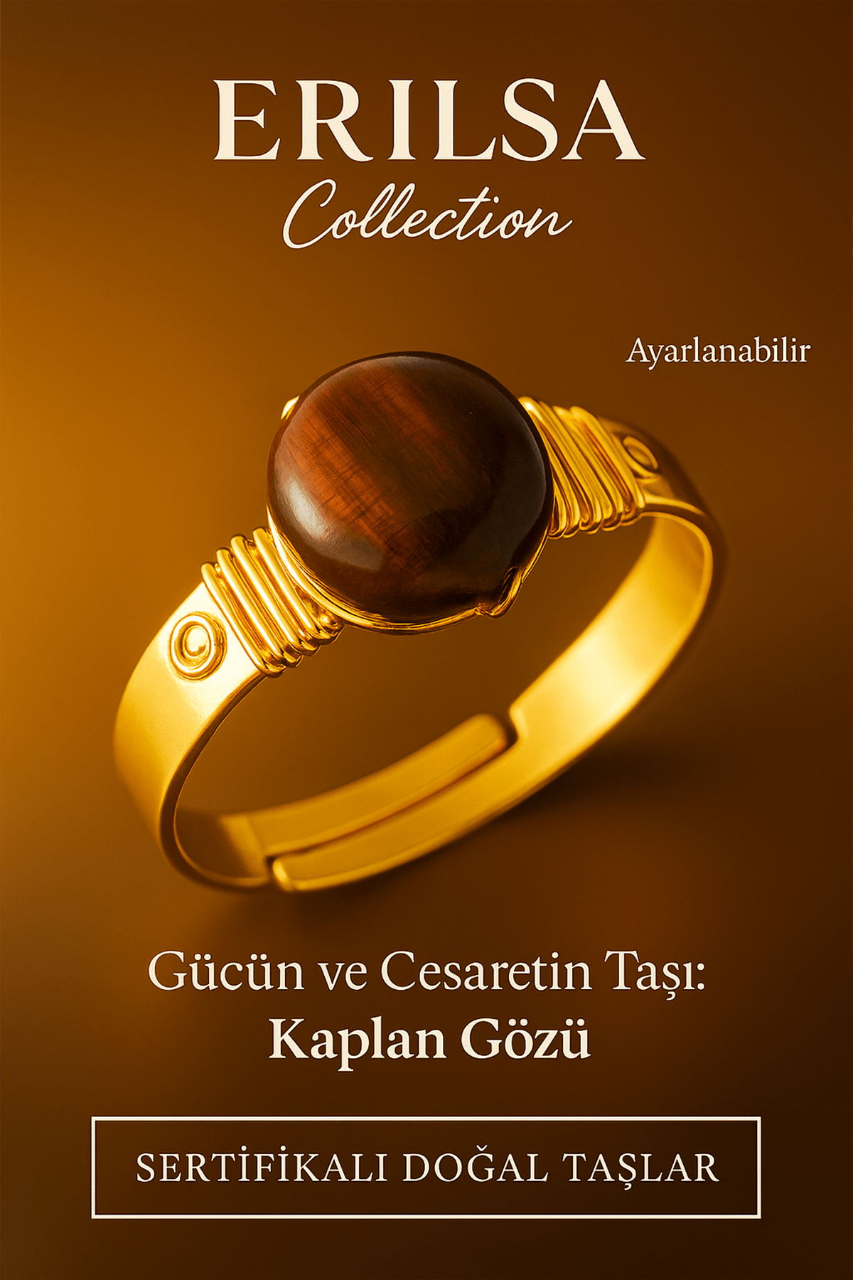 Sertifikalı Kalın Tımbıl Gold Model Kahverengi Kaplan Gözü Taşı Yüzük - Ayarlamalı