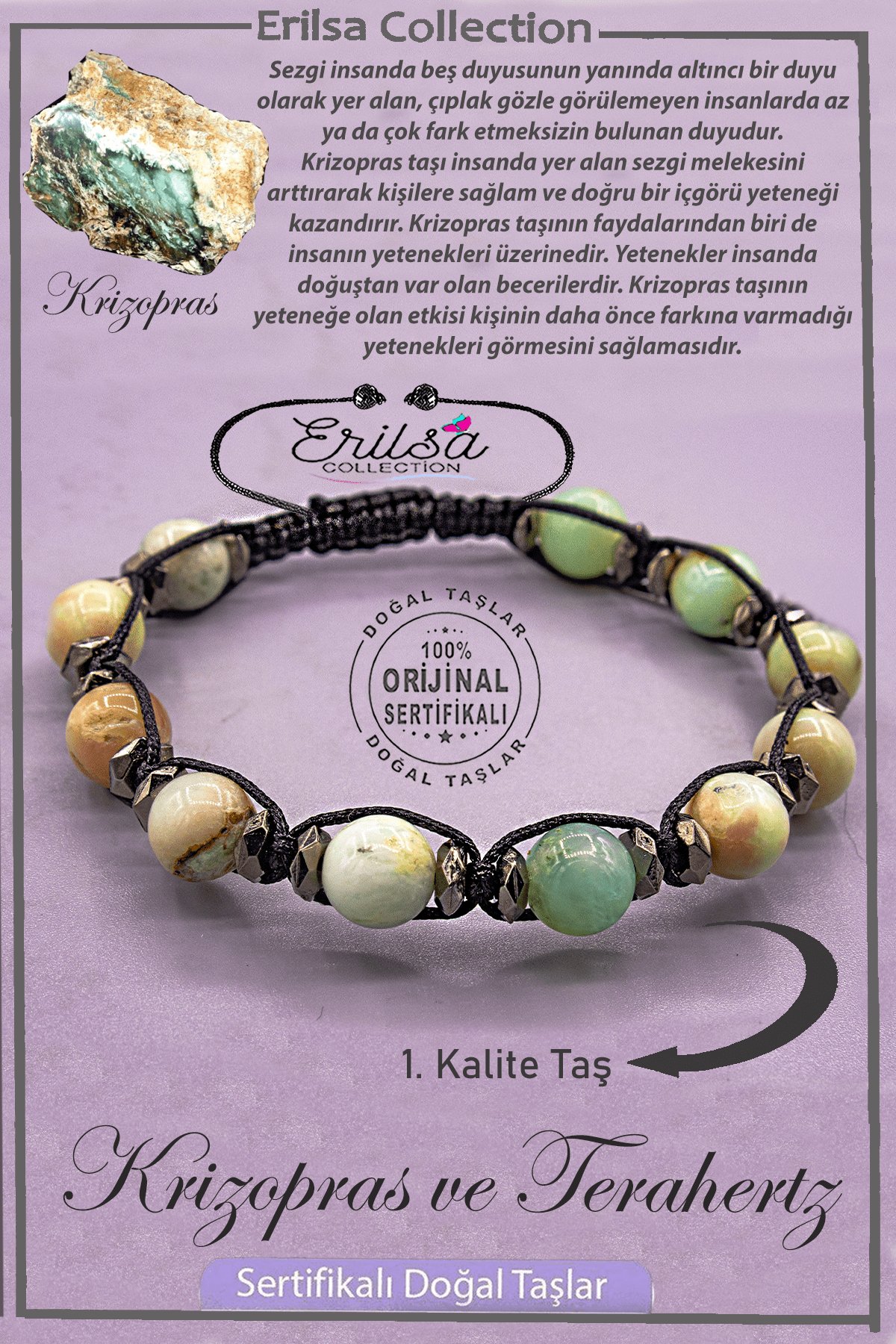 Sertifikalı AAA+ Kalite Gerçek Terahertz - Krizopras Taşı Bileklik