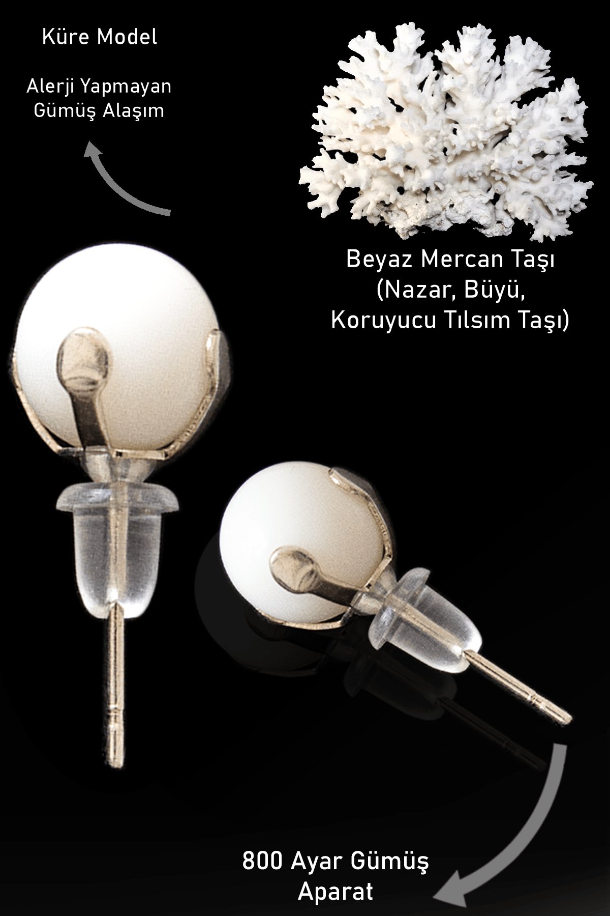 Sertifikalı Gerçek Beyaz Mercan Taşı Nokta Doğal Taş Küpe