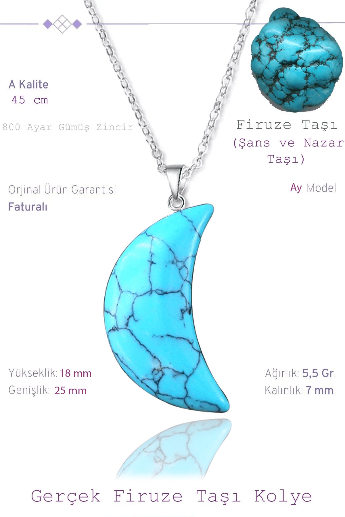 Sertifikalı Ay Model Gerçek Firuze (Turkuaz) Taşı Kolye