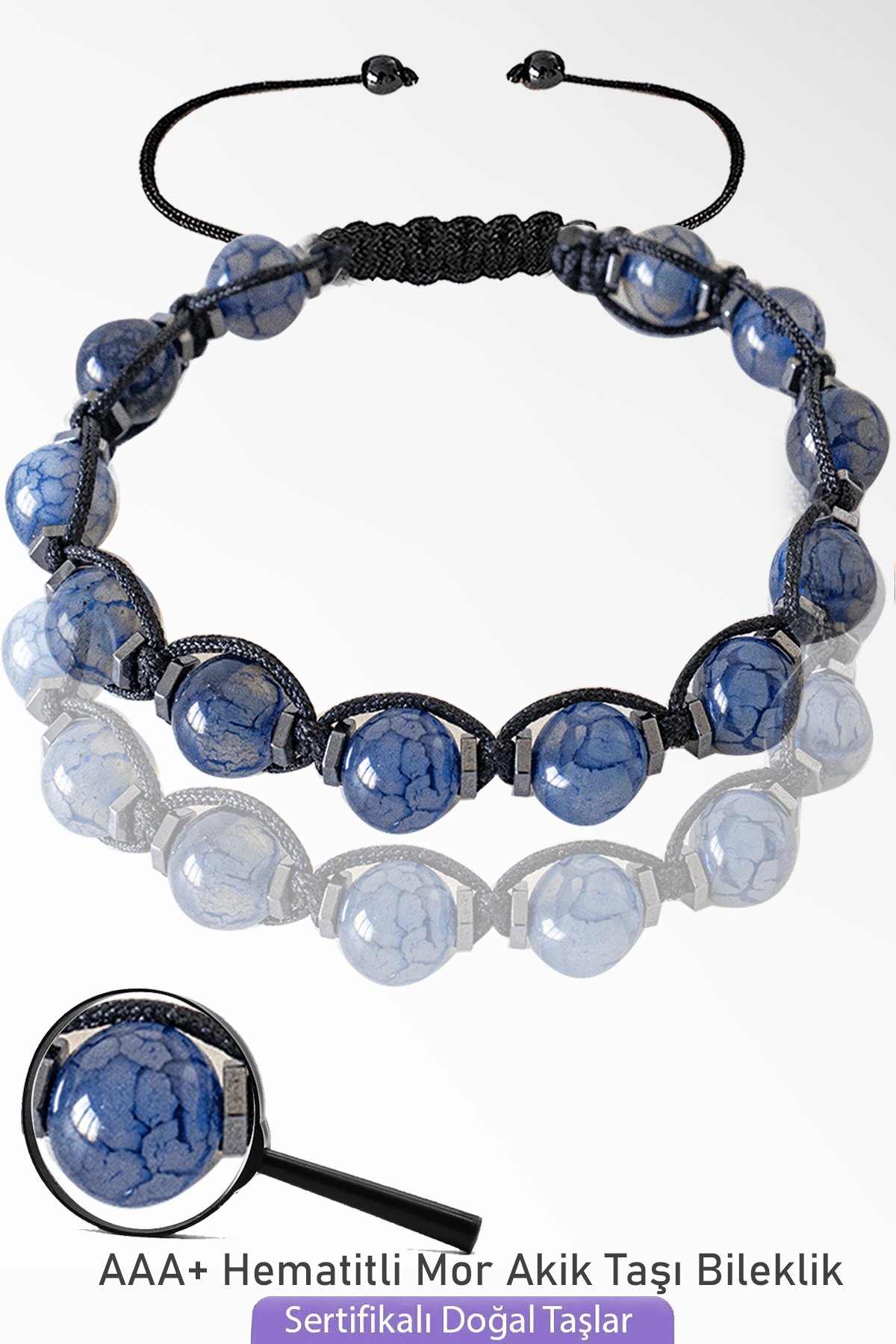 Sertifikalı Makrome Mor Akik Taşı Bileklik - Ayarlamalı