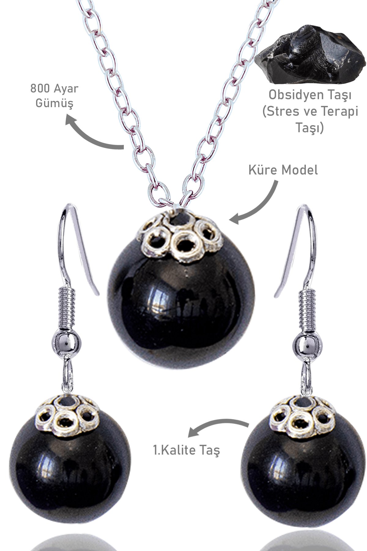 Sertifikalı Küre Model Siyah Obsidyen Taşı Kolye ve Küpe Seti - Gümüş Aparatlı