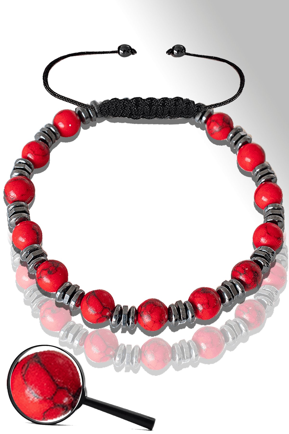 Sertifikalı Silver Hematitli Kırmızı Havlit Taşı Bileklik - Ayarlamalı
