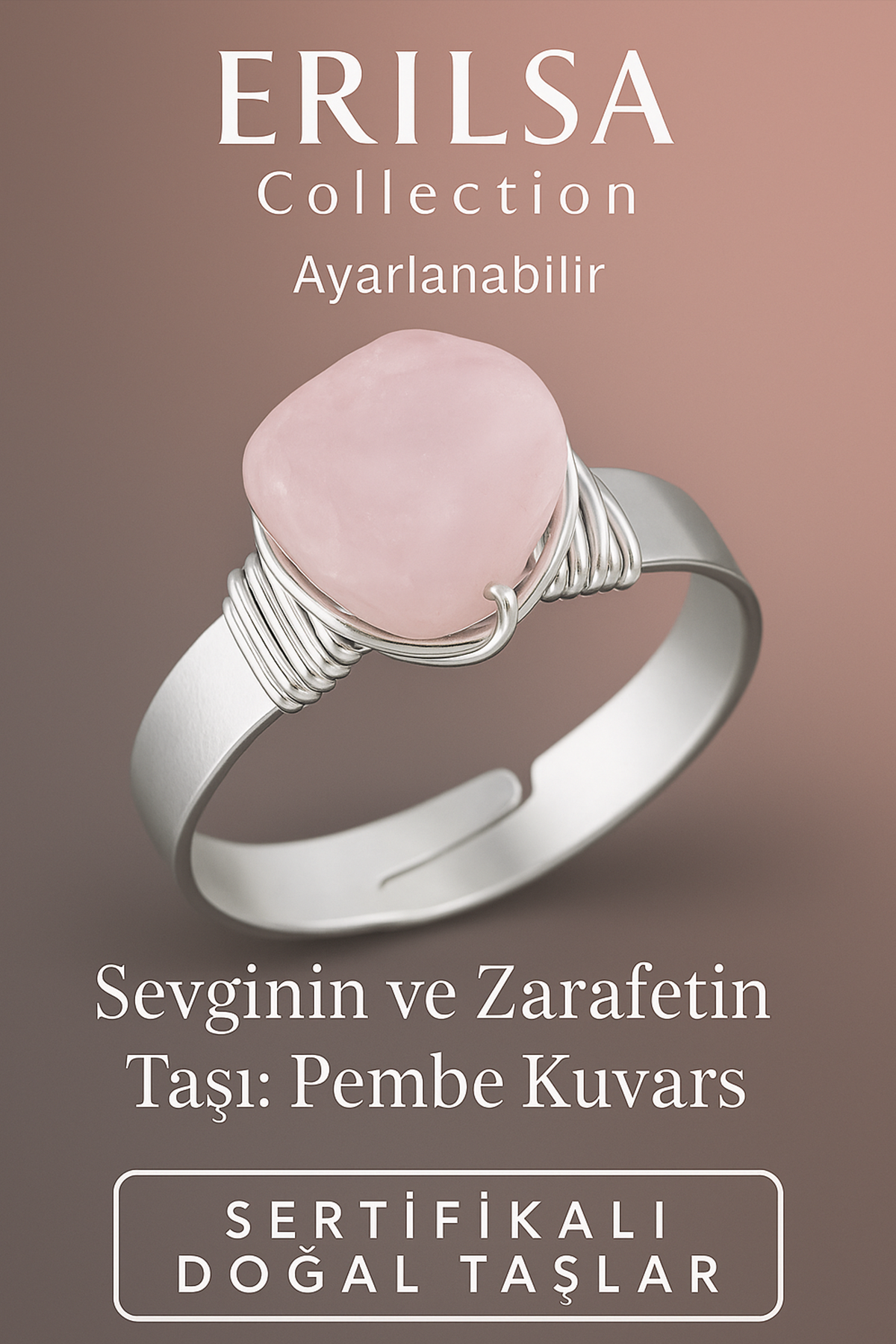 Sertifikalı Kalın Tımbıl Gümüş Pembe Kuvars Taşı Yüzük - Ayarlamalı